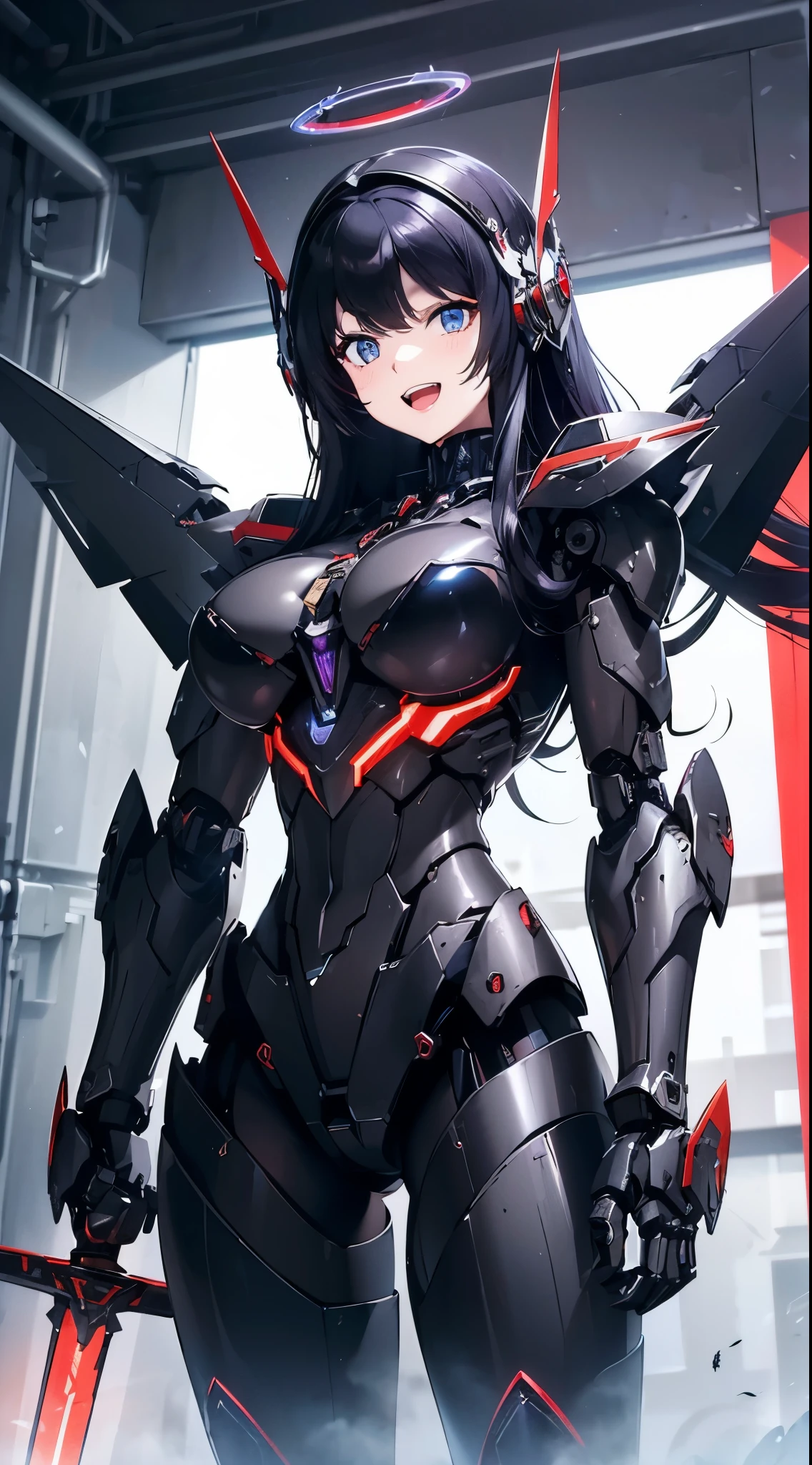 Machine eyes glowing red、Grinning、Open your mouth