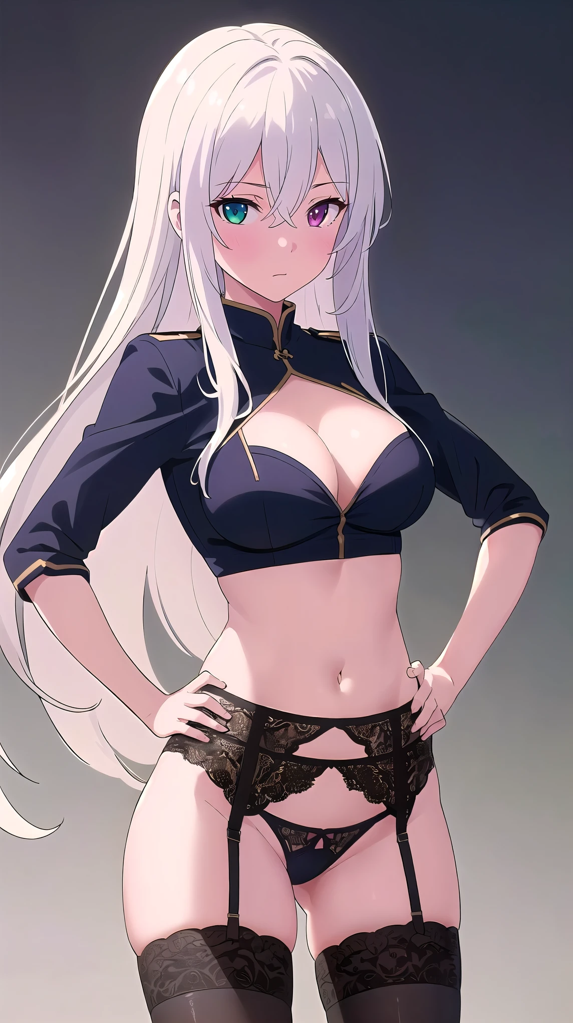 (Masterpiece, beautiful details, perfect focus, uniform 8K wallpaper, 2160p, high resolution, exquisite texture in every detail, Medium shot photograph, perfect eyes very high detailed, perfect pupils, sclera_eyes_detail, eyes:1.2, human anatomy correct, pastel, hyper_detailed:1.5, (picture-perfect:1.4), detailed background, ((1 girl)), solo, looking at viewer, long-hair, two-tone hair, white hair, multicolored_hair, heterochromia eyes, Red-green_eyes, ((((gigants-breasts)))), standing, anatomy human perfect, hidden hands, ((((hands on hips)))), (((well drawn and drawn hands and arms: 1.2))), ((5fingers perfect)), ((human_hand perfect)), posture front_view, front_angle, blush, bangs, thighhighs, navel, hair between eyes, garter belt, crossed bangs, perfect eyes,
