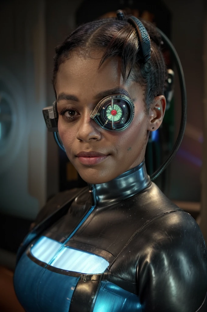 Black woman wearing blue sttldunf uniform,veins,borg,eyepatch,cable,luma,rosalina,detailed face,detailed eyes,detailed lips,metal texture,sci-fi,glowing lights
jamesdaly artstyle,