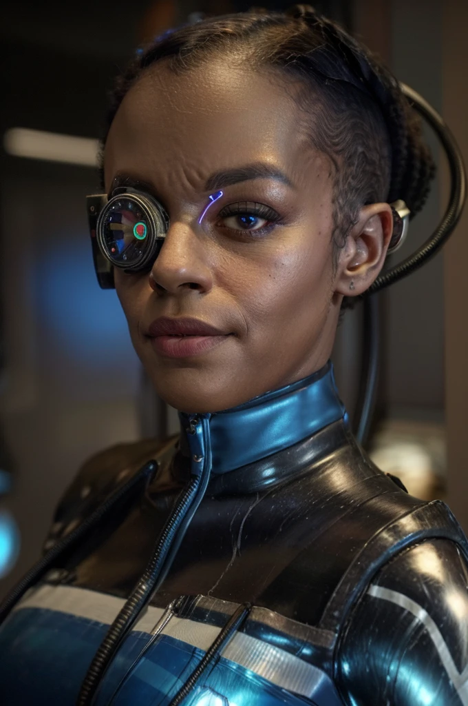 Black woman wearing blue sttldunf uniform,veins,borg,eyepatch,cable,luma,rosalina,detailed face,detailed eyes,detailed lips,metal texture,sci-fi,glowing lights
jamesdaly artstyle,