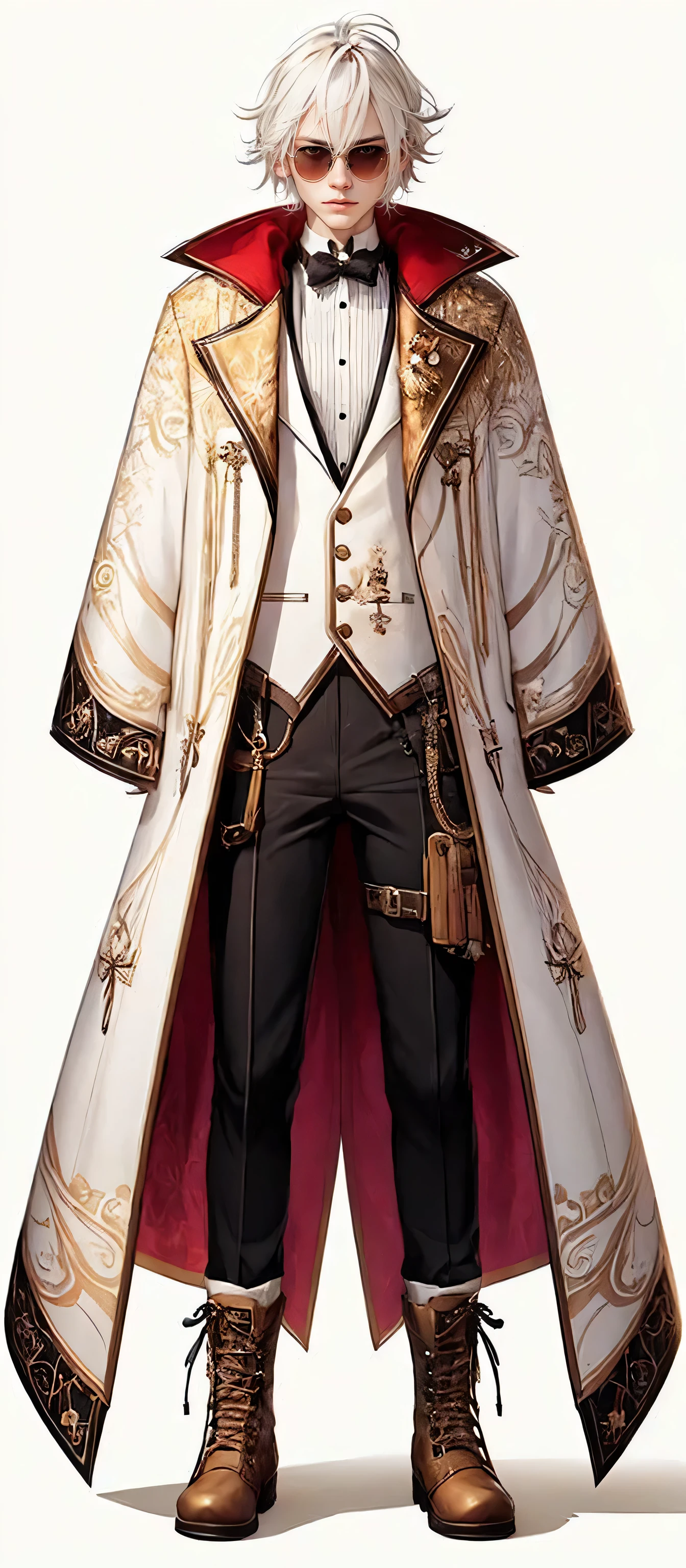 Realistic full body image of a anime man with white hair with sunglasses wearing a long, white and gold coat with a red inner lining with floral symbol sewn into both shoulders. The coat has a white harness. Under the coat he wears a red zip-up hoodie/vest with two zippers under his coat, a black tuxedo beneath that. On his left wrist, he has a blue wristband held in place with a small brown belt. the character's legwear consists of a pair of white pants held up by a belt with a rose buckle. Over his pants, he wears brown thigh straps with small belts in them. The character wears brown military boots that go up his shins