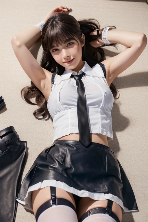 An innocent 20-year-old girl, (white sleeveless collared shirt and tie:1.5), (Leather mini Skirt with Stockings and Garter Set:1.5), (high heels), (Dramatic Pose),smile, (High Ponytail),natural Park、RAW Photos, (8k, highest quality, masterpiece:1.2), (Intricate details:1.4)、(Photorealistic:1.4), Octane Rendering, Complex 3D rendering with ultra-detail, Studio Soft Light, Rim Light, Vivid details, Super Detail, Realistic skin texture, Detailed aspect, Beautiful details in the eyes, Highly detailed CG Unity 16k wallpaper, compensate, (Detailed Background:1.2), Glowing Skin, whole body, ((thin legs)), small waist, Cleavage, (looking at viewer:1.2), (lying on stomach:1.5)