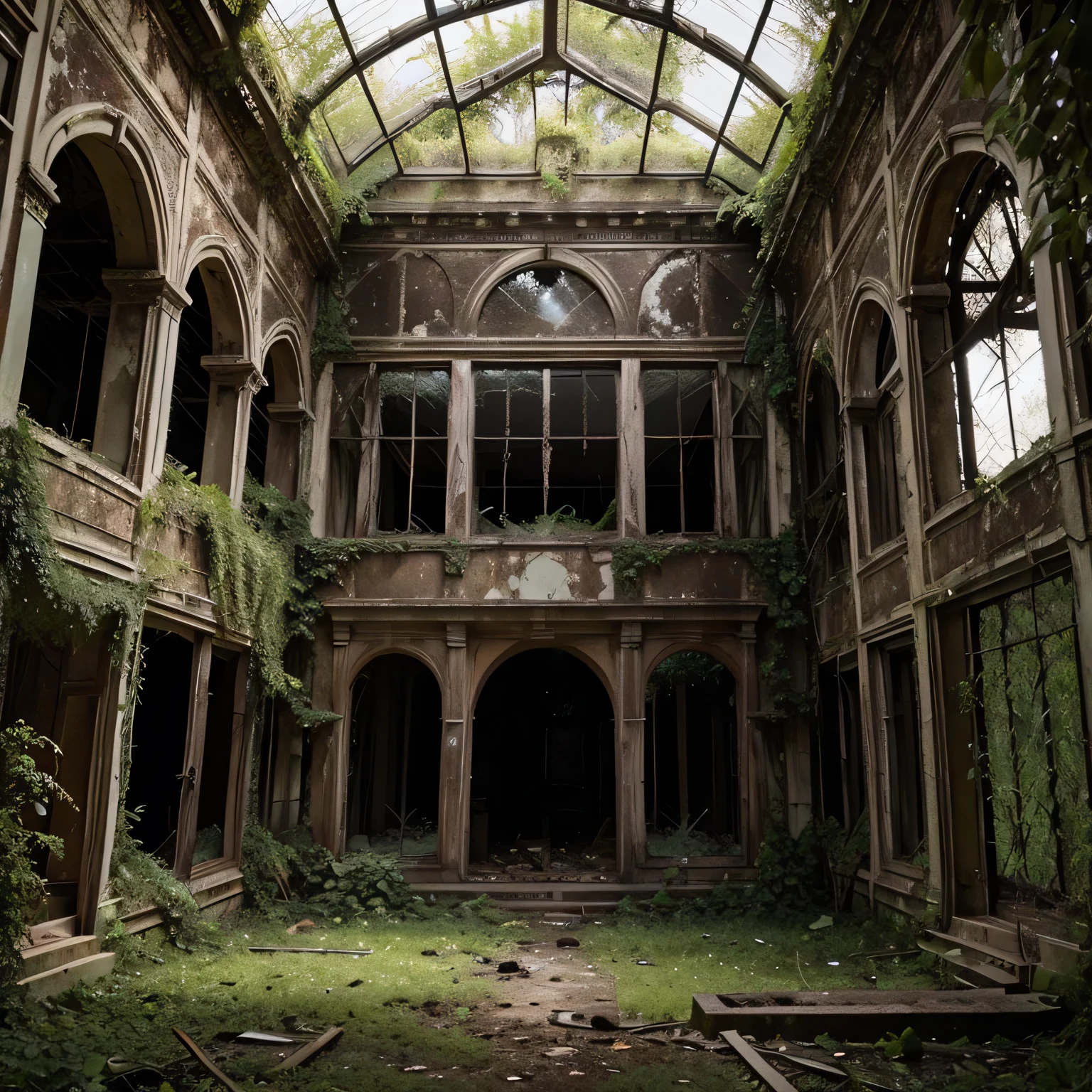 Old Abandoned Mansion**: A crumbling mansion surrounded by overgrown vines and bushes. Its windows are broken, and the door hangs off its hinges. The atmosphere is spooky and ominous.