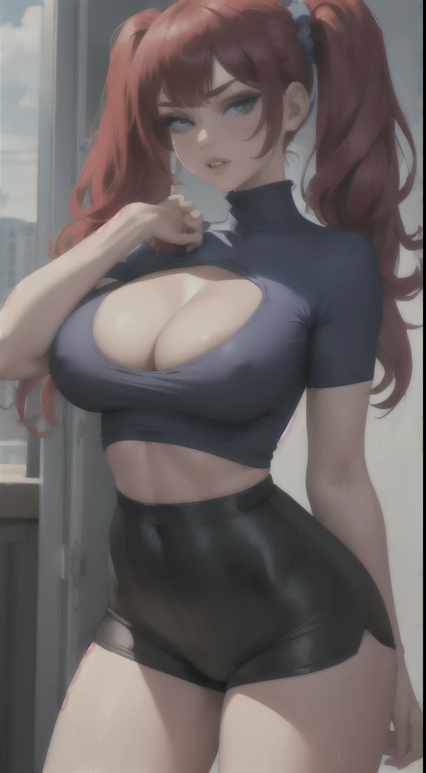 masterpiece, best quality, 1girl, solo, redhair, twintails, very long hair, blue eyes, hair scrunchie, looking at viewer, lips, parted lips, cowboy shot, pantyhose, short shorts, turtleneck, t shirt, cleavage, ahegao face, wet clothes, big breasts