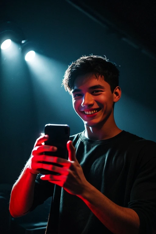 male smile excited Holding your smartphone in your hand Dark Room shout