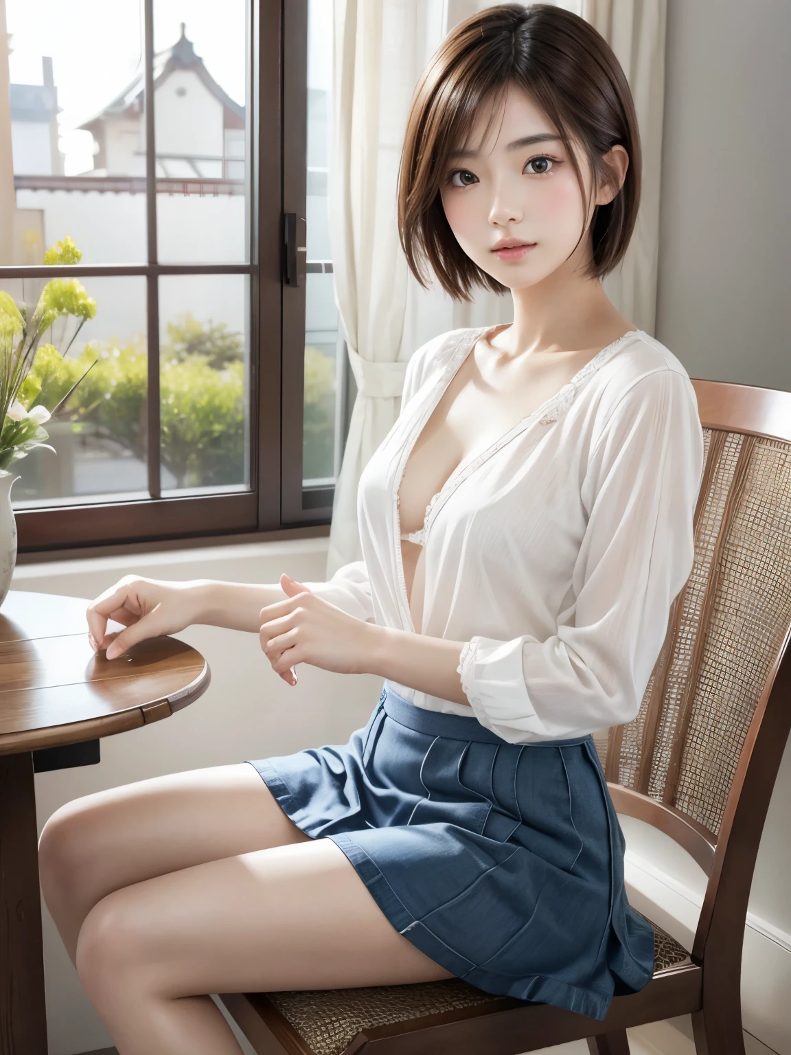 ((of the highest quality, 8K, masutepiece: 1.3, Raw photo)), Sharp Focus: 1.2, (1 AESPA Girl :1.1), Solo, (Realistic, Photorealistic: 1.37), (Face Focus: 1.1), Cute face, hyperdetailed face, short messy hair, Small Smile, small breasts, flat chest, nude, (white chiffon shirt, check skirt: 1.2), (Sitting with one knee up: 1.2), classroom, books, thigh, (roll up the skirt: 1.2), Cattleya