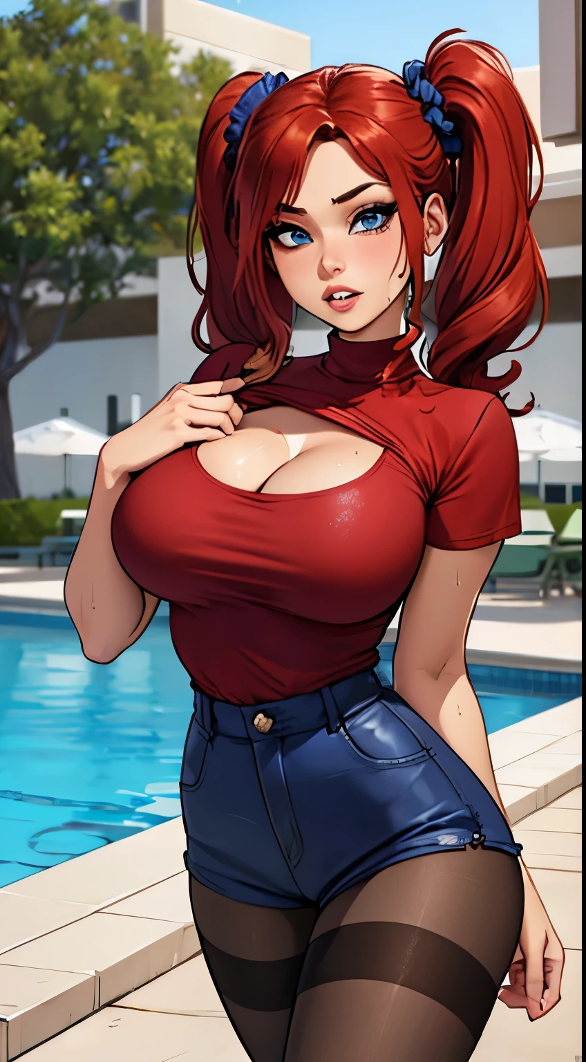 masterpiece, best quality, 1girl, solo, redhair, twintails, very long hair, blue eyes, hair scrunchie, looking at viewer, lips, parted lips, cowboy shot, pantyhose, short shorts, turtleneck, t shirt, cleavage, ahegao face, wet clothes, big breasts, luxury resort terrace, Los Angeles