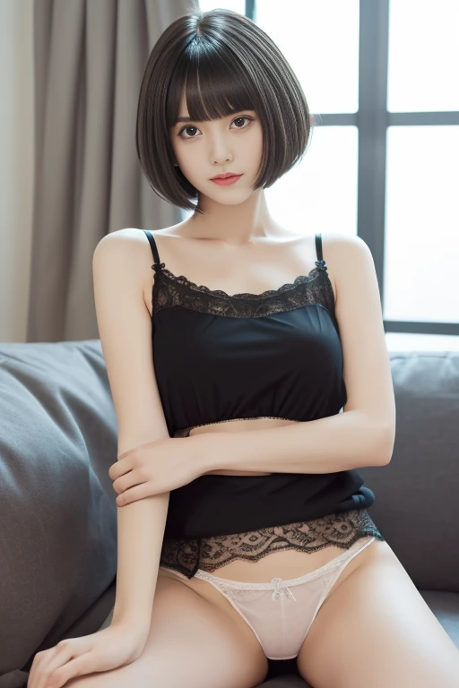 (((masterpiece, highest quality, Super detailed))), 1 female, looking at the camera,(((very thin body))) , (((length, thin legs))), (((black short hair, thick and fluffy bangs ))), (((highly detailed face))), White tank top,Boxer type panties,Sit on the sofa,Lace curtains,Cross your arms