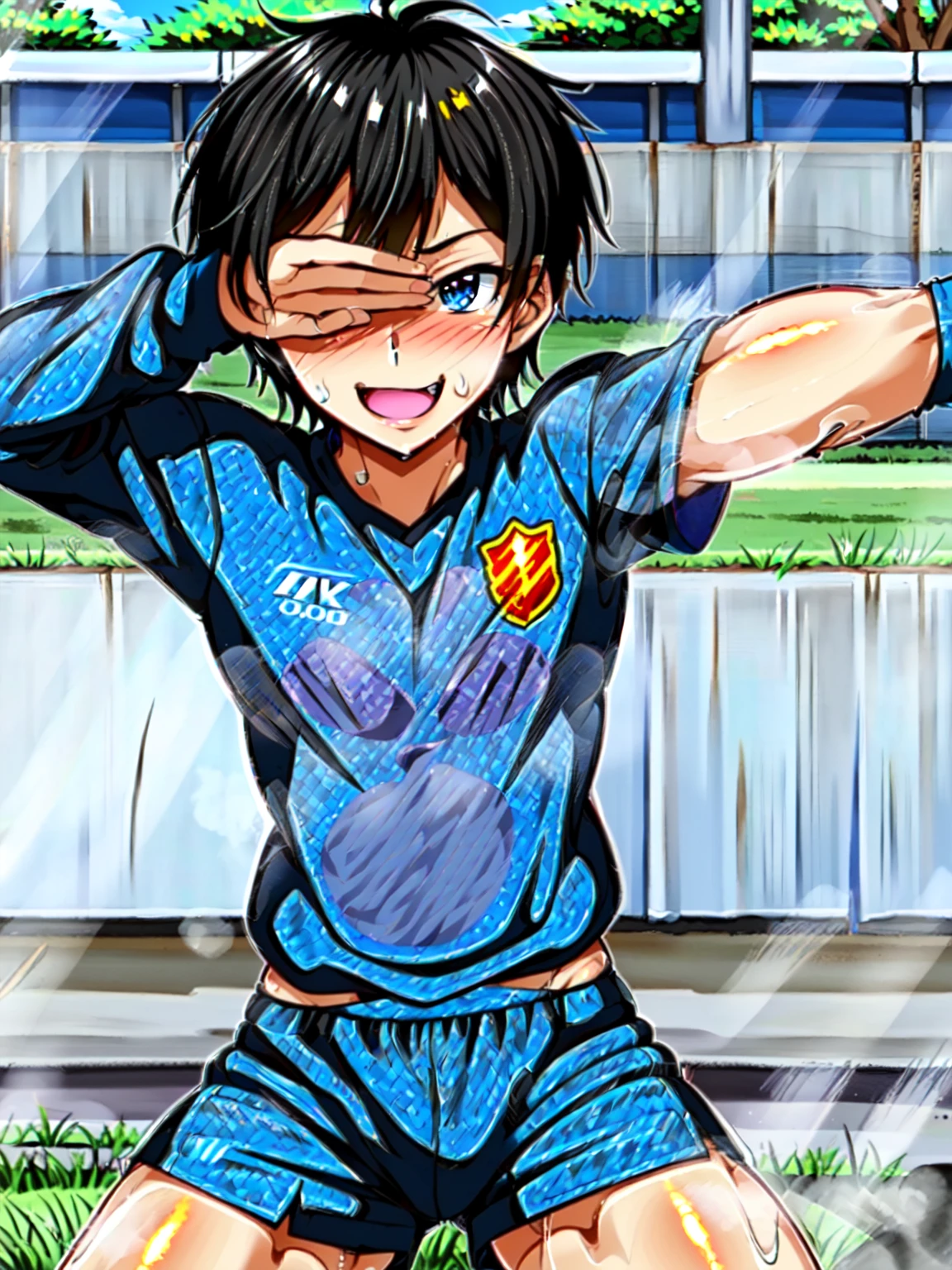 (((Official Art,Ultra-thin illustration,High resolution,  最high quality,最high quality,)))high quality, detailed, ( men),12 yeaone)))、(((pose covering eyes))) ,A very cute young ace striker male idol,A boy as beautiful as Planding, Smiling cool handsome face, soccer spike, Long legs, Thighs, Footz, No bulge, (Black Hair、short hair)、Shiny Hair, (Tight random color soccer uniform:1.2), (Tight and very short soccer shorts:1.2), (Soccer socks), Grass area, Cool pose, (厚いThighs、Big Ass)、(((Soccer field in the park)))、((Saucy、))、Grin、Spread your legs,Ultra-fine painting, (最high quality, In 4K, 8k, High resolution, :1.2),Service shot、((detailedな目:1.2))、Big Assを披露、Proud ass、(Blindfolded with their own hands)