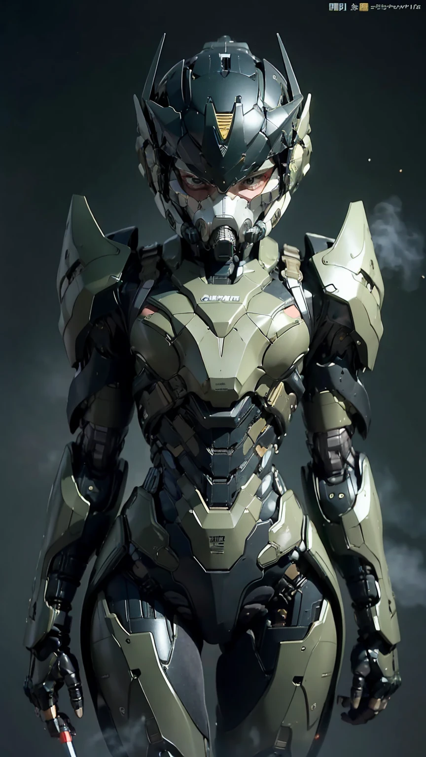 最high quality非常に詳細, Advanced Details, high quality, 最high quality, High resolution, 1080p, hard disk, beautiful,(War Machine),(headgear),See the big picture,beautifulサイボーグ女性,Dark green mecha cyborg girl,Battle Mode,Mecha Body Girl　8k Dark Green Body Armor　Elementary school girl　Sweaty face　Droopy eyes　short hair　Gas mask with extension nozzle　boyish　Steam coming from the head　My hair is wet with sweat　Black Hair, Steam coming out of the mouth　Whimpering