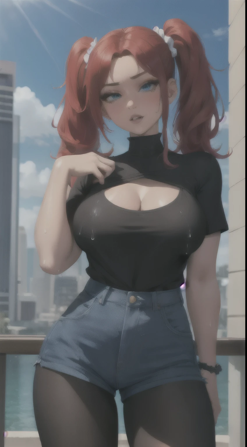 (masterpiece, best quality:1.2), 1girl, solo, redhair, twintails, very long hair, blue eyes, hair scrunchie, looking at viewer, lips, parted lips, cowboy shot, pantyhose, short shorts, turtleneck, t shirt, cleavage, ahegao face, wet clothes, big breasts, volumetric lightning, luxury resort terrace, Los Angeles