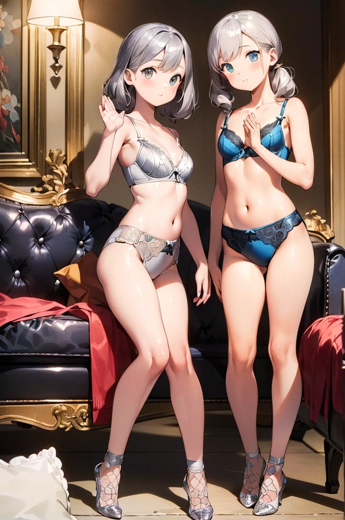 Two s, (masterpiece:1.8),(highest quality:1.8),(Very detailed:1.8),(8k:1.8),(Ultra-fine Illustration:1.5),,,Straight low twintail,Flat Chest,Small Ass,(High-grade metallic silver,,lingerie:1.4),(Prayer Pose:1.5),Vintage sofa,,(Full body angle),, Rainbow Gradient,