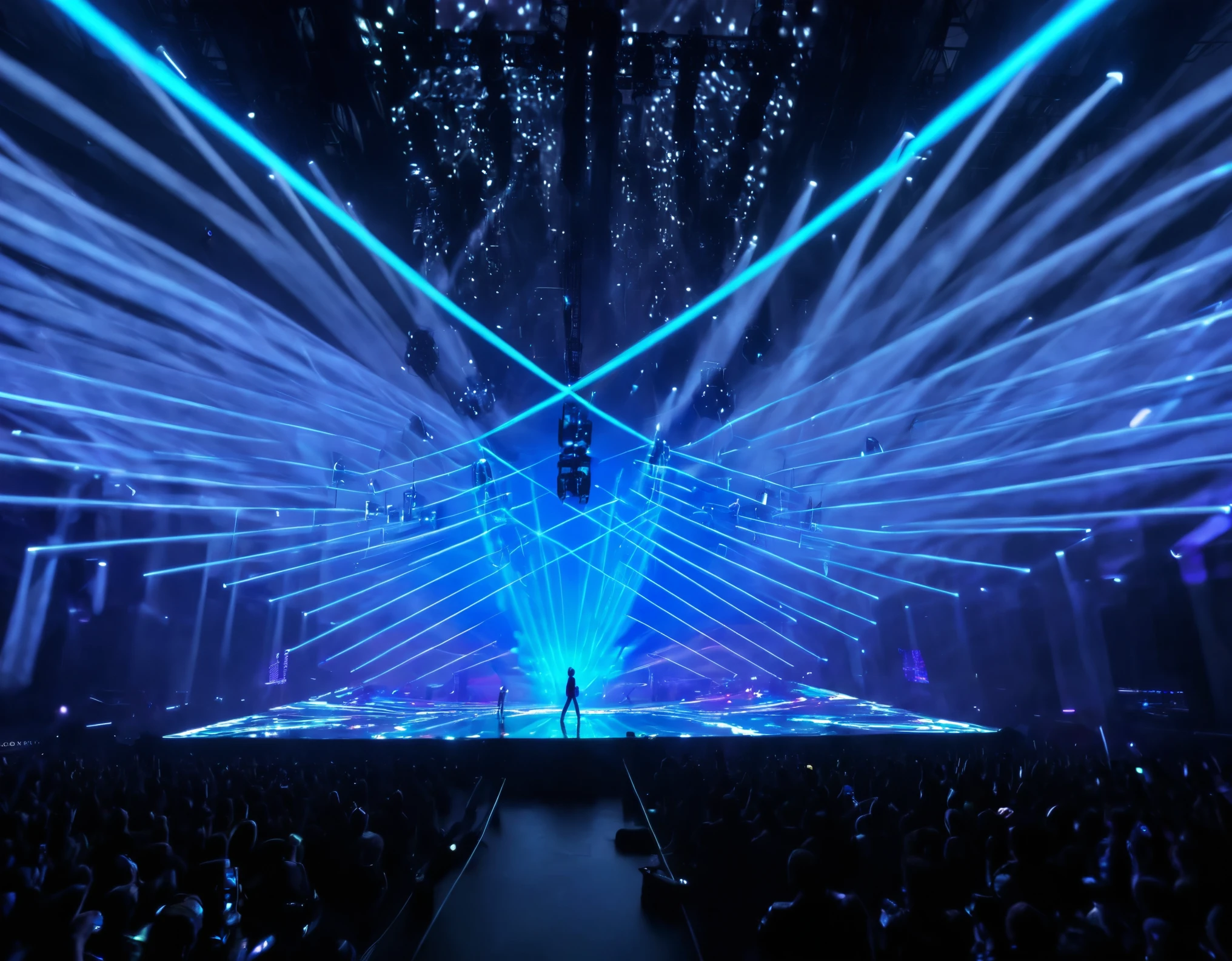 (best quality,4k,highres,masterpiece:1.2),ultra-detailed,realistic:1.37,idol stage,cyber,cool light and shadow,blingbling,neon lights,energetic atmosphere,holographic effects,futuristic stage design,glowing dance floor,vibrant colors,dynamic movements,stylish costumes,celebratory mood,star-studded audience,amplified sound system,exhilarating performance,electrifying music,unstoppable energy,stage smoke and fog,illuminated backdrops,giant LED screens,sparkling fireworks,fans cheering,star power,mesmerizing visual effects,high-tech concert experience,digital art,immersive audiovisual journey.