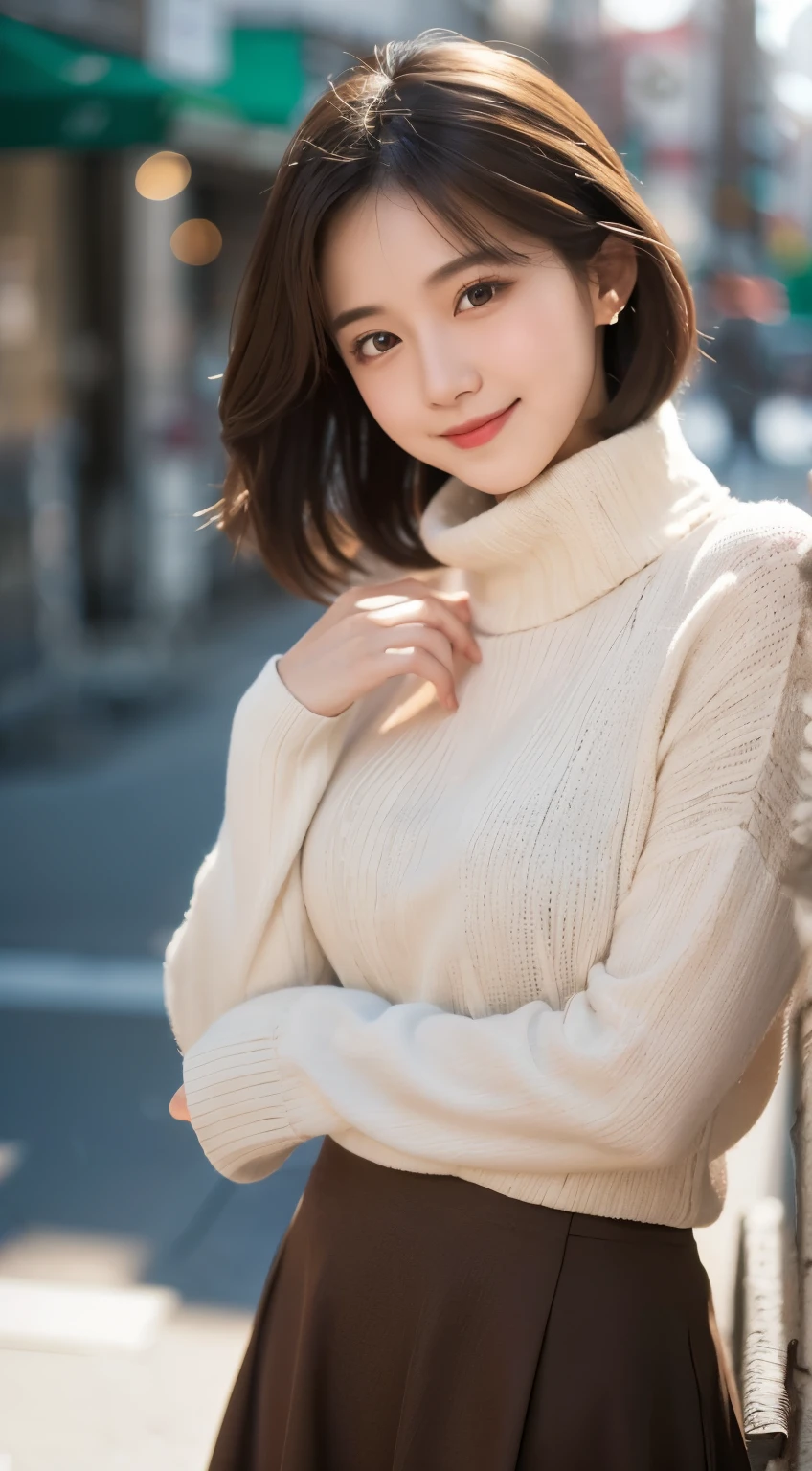 (highest quality,masterpiece:1.3,ultra high resolution),(Super detailed,caustics,8K),(realistic:1.4,RAW shooting),at dusk,sunset,warm light,Backlight,Brilliant,Lens flare,street,24-years-old,cute,Japanese,black short hair,best smile,big ,skinny pants,white t-shirt,long skirt,Low position,Low - Angle,blur the background,Natural light,brown eyes,RAW photo,zydG,（pureerosface_v1:0.5)