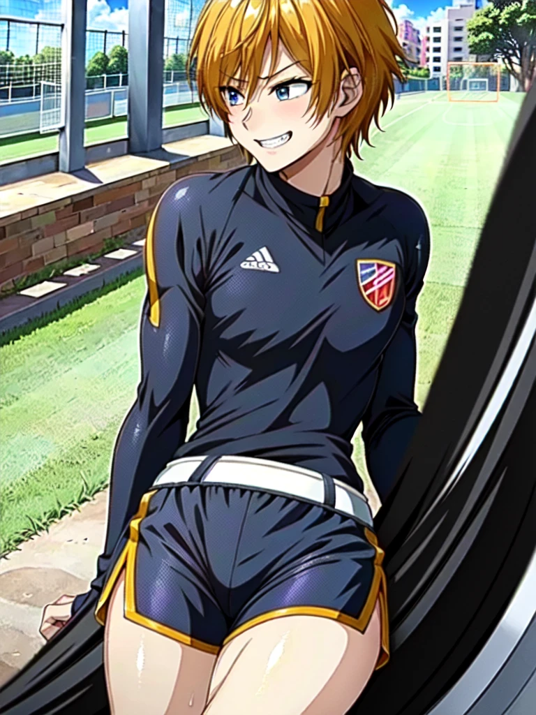 (((Official Art,Ultra-thin illustration,High resolution, Pieces fly, 最high quality,最high quality,)))high quality, detailed, (Little men),12 years old,(((alone)))、 A very cute young ace striker male idol,A boy as beautiful as Planding, Smiling cool handsome face, soccer spike, Long legs, Thighs, Footz, No bulge, (blonde、short hair)、Shiny Hair, (Tight and shiny random color soccer uniform suit), (Tight and shiny soccer shorts), (Soccer socks), Grass area, Cool pose, (厚いThighs、Big ass tempting you)、(((Soccer field in the park)))、((Saucy、))、Grin、Spread your legs,Ultra-fine painting, (最high quality, In 4K, 8k, High resolution, Pieces fly:1.2),Service shot、((detailedな目:1.2))、Show off your big butt、Proud ass、