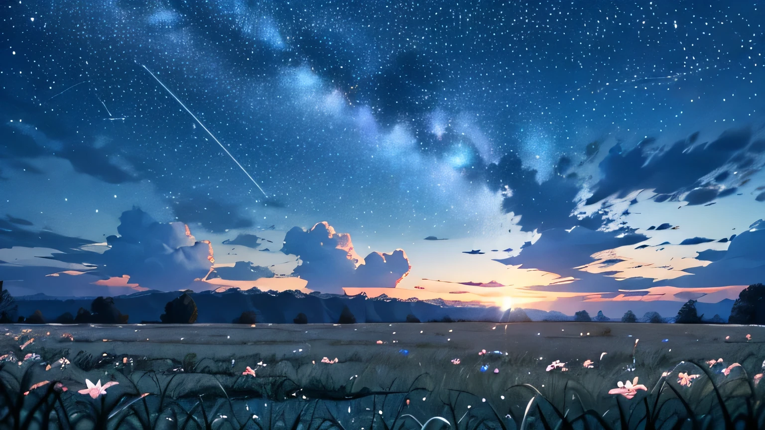 A night sky with few staridnight、Empty ground、A grassland without buildings、A single pink shooting star、((Only one star))、((Simple sky))、darkness、True Midnight