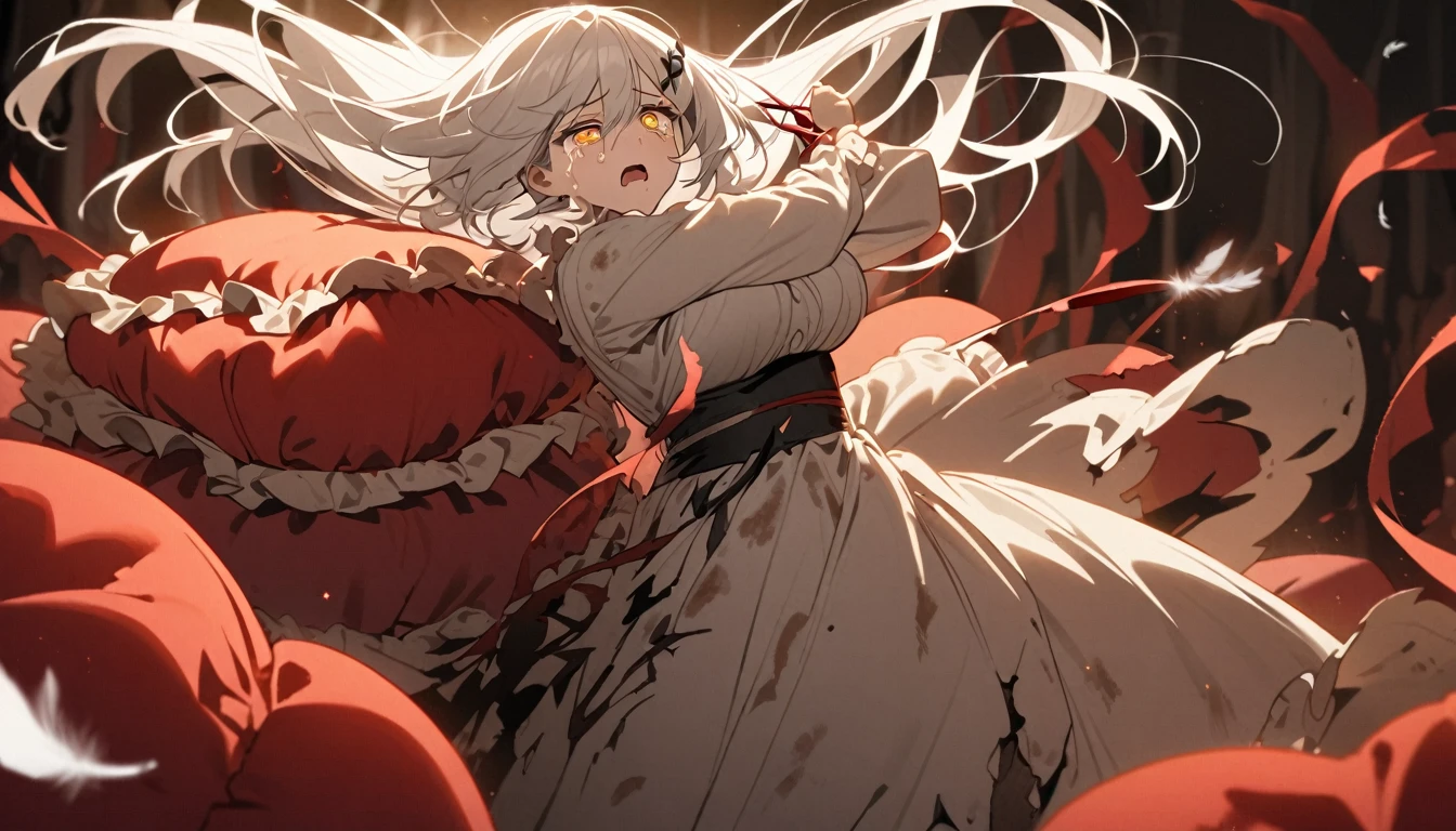A woman, flowing white hair, melancholy eyes, yellow pupils, black diamond-shaped hairpin, A woman is cutting up a Tattered super huge red silk cushion with scissors in a dirty way. Tiny feathers are dancing, crying
