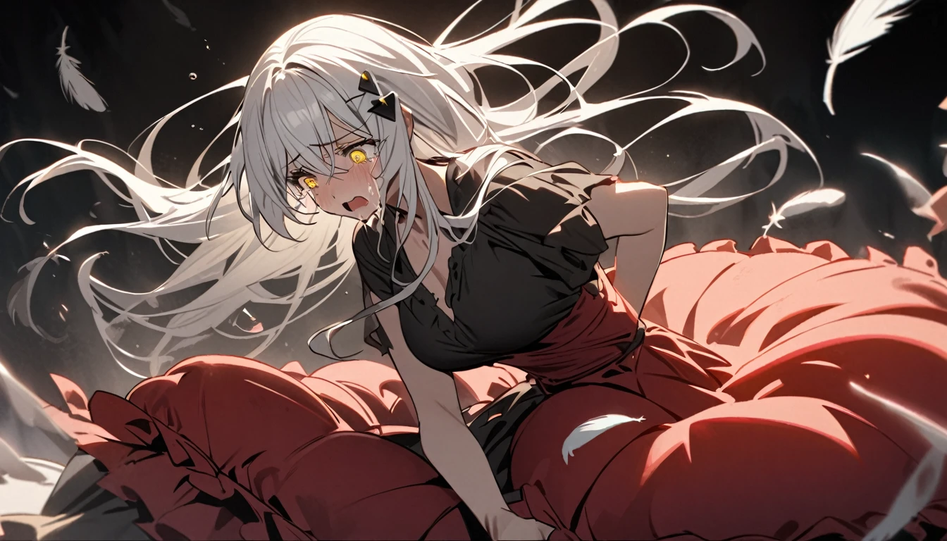 A woman, flowing white hair, melancholy eyes, yellow pupils, black diamond-shaped hairpin, A woman is cutting up a Tattered super huge red silk cushion with scissors in a dirty way. Tiny feathers are dancing, crying