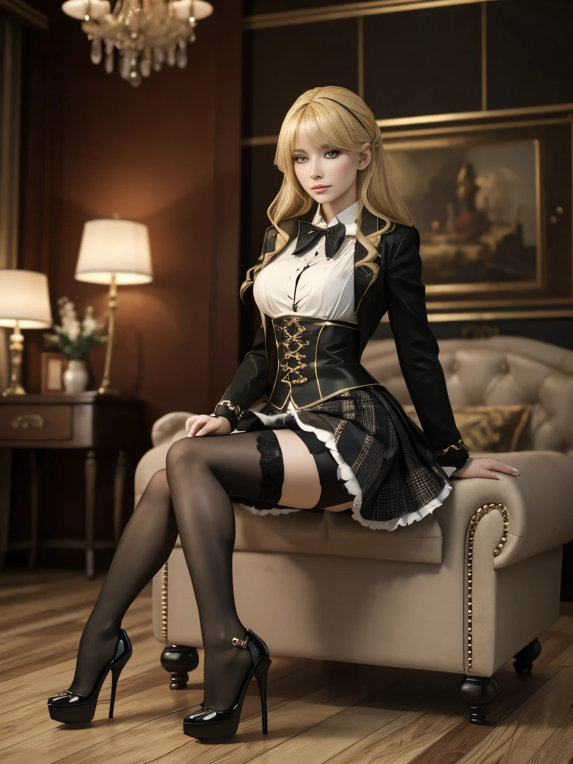 Beautiful beauty, masterpiece, highest quality, Highest Resolution:1.2, Realistic, 8k Raw Photo:1.5, 3D 3D, rich, blonde, skirt, stockings, High heels, poison