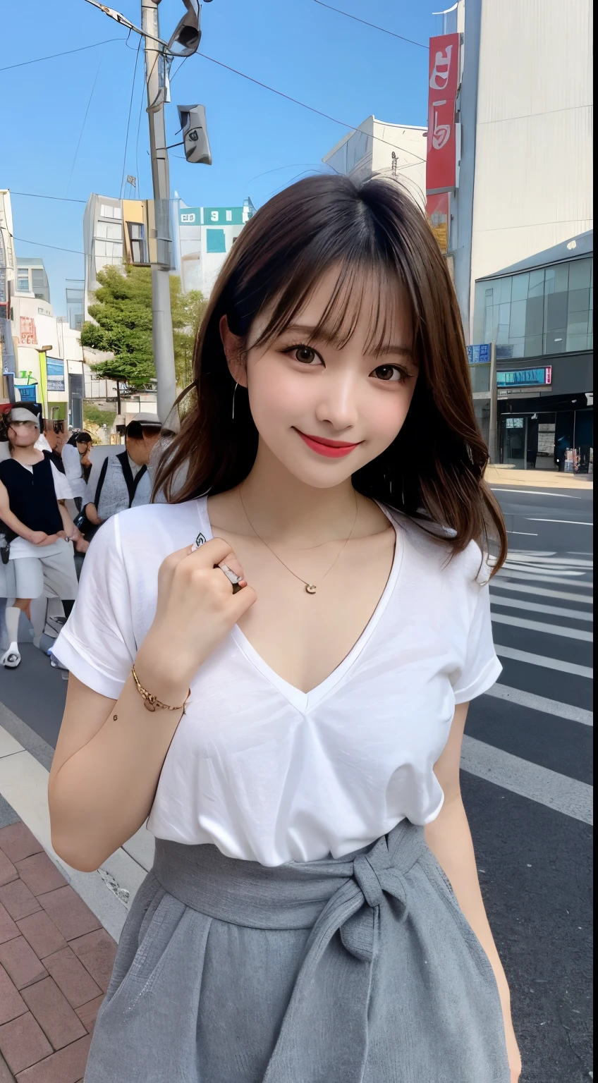 Tabletop, highest quality, figure, Very detailed, In detail, High resolution, 8k wallpaper, Perfect dynamic composition, Beautiful fine details, Summer clothes,Medium Hair, Center of chest, Natural color lip, Random sexy poses,smile,Tokyo in the daytime,cute,
