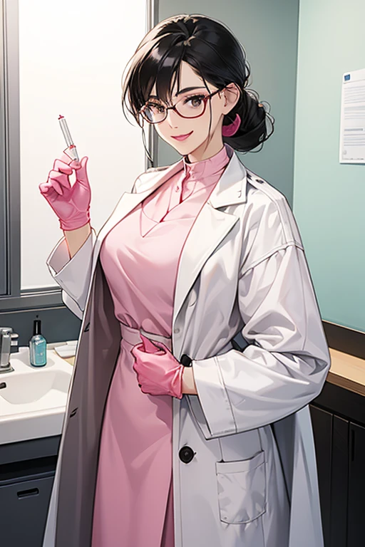 A mature woman with glasses and black hair tied up in a white coat wearing long pink rubber gloves in a consultation room, smiling gently and holding a syringe in her hand