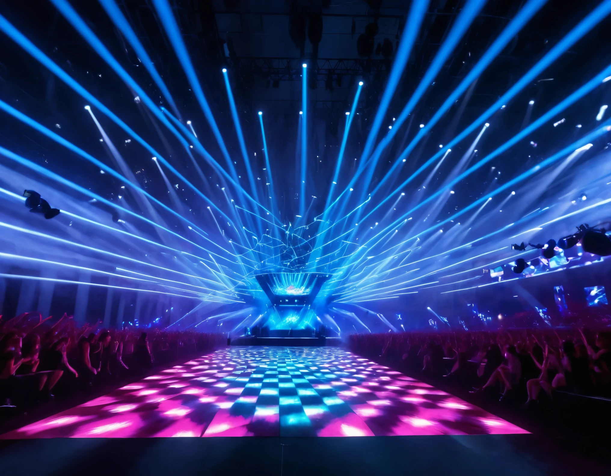 (best quality,4k,highres,masterpiece:1.2),ultra-detailed,realistic:1.37,idol stage,cyber,cool light and shadow,blingbling,neon lights,energetic atmosphere,holographic effects,futuristic stage design,glowing dance floor,vibrant colors,dynamic movements,stylish costumes,celebratory mood,star-studded audience,amplified sound system,exhilarating performance,electrifying music,unstoppable energy,stage smoke and fog,illuminated backdrops,giant LED screens,sparkling fireworks,fans cheering,star power,mesmerizing visual effects,high-tech concert experience,digital art,immersive audiovisual journey.