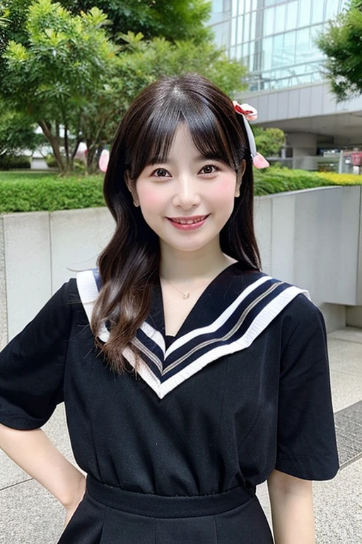best quality, masterpiece, (photorealistic:1.4), 1girl, smiling eyes, (ulzzang-6500-v1.1:1.0), black Eyes, Beautiful Woman, Actress, 40 years old, witch, Japanese, sailor uniform, cosplay, micro-mini skirt, full body
