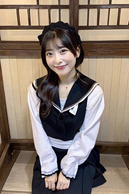 best quality, masterpiece, (photorealistic:1.4), 1girl, smiling eyes, (ulzzang-6500-v1.1:1.0), black Eyes, Beautiful Woman, Actress, 40 years old, witch, Japanese, sailor uniform, cosplay, micro-mini skirt, full body