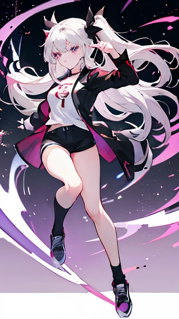purple eyes, 16 Yo, hair tohsaka, white hair, full body, white tshirt, short tshirt, black shorts, black jeans shorts, black jacket, two legs