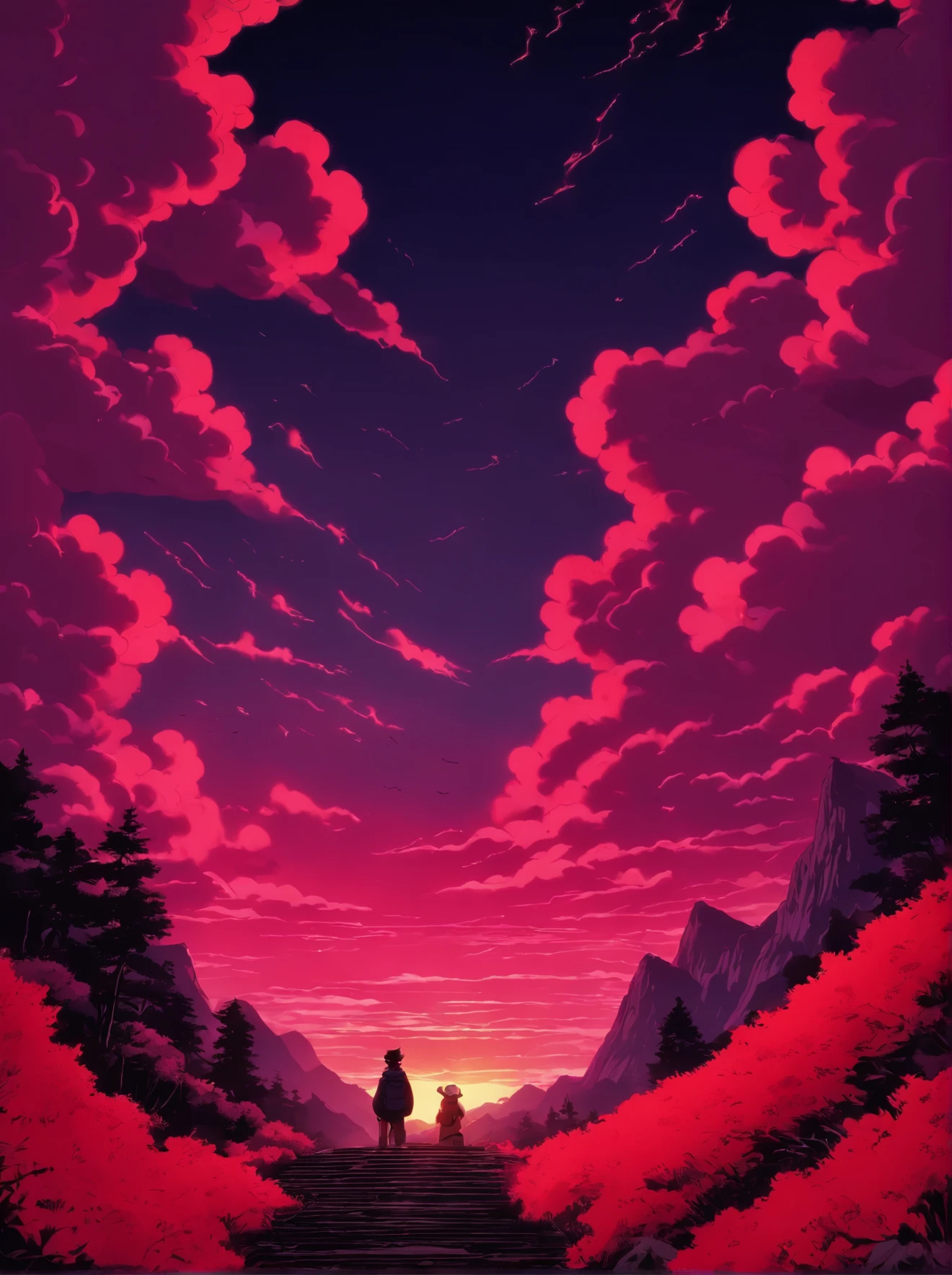 a poster of a red sky with clouds and a mountain in the background, charles burns, red clouds, by Eric Dinyer, red stormy sky, by Craig Thompson, the artist is charles burns, by Yoshio Markino, by Ed Emshwiller, ) ominous vibes, by Justin Gerard, beautiful high contrast woodcut, by Eric Auld