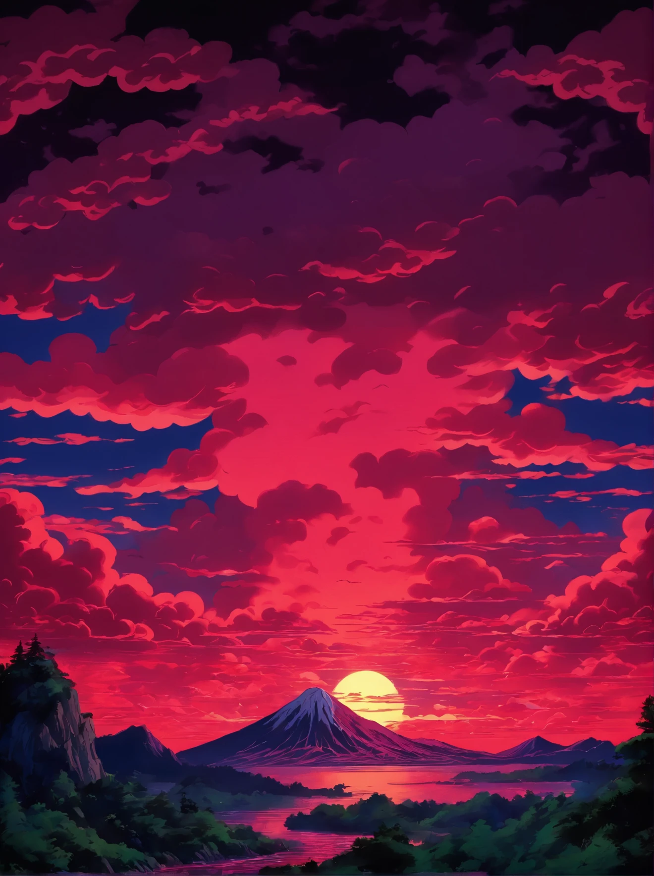 a poster of a red sky with clouds and a mountain in the background, charles burns, red clouds, by Eric Dinyer, red stormy sky, by Craig Thompson, the artist is charles burns, by Yoshio Markino, by Ed Emshwiller, ) ominous vibes, by Justin Gerard, beautiful high contrast woodcut, by Eric Auld