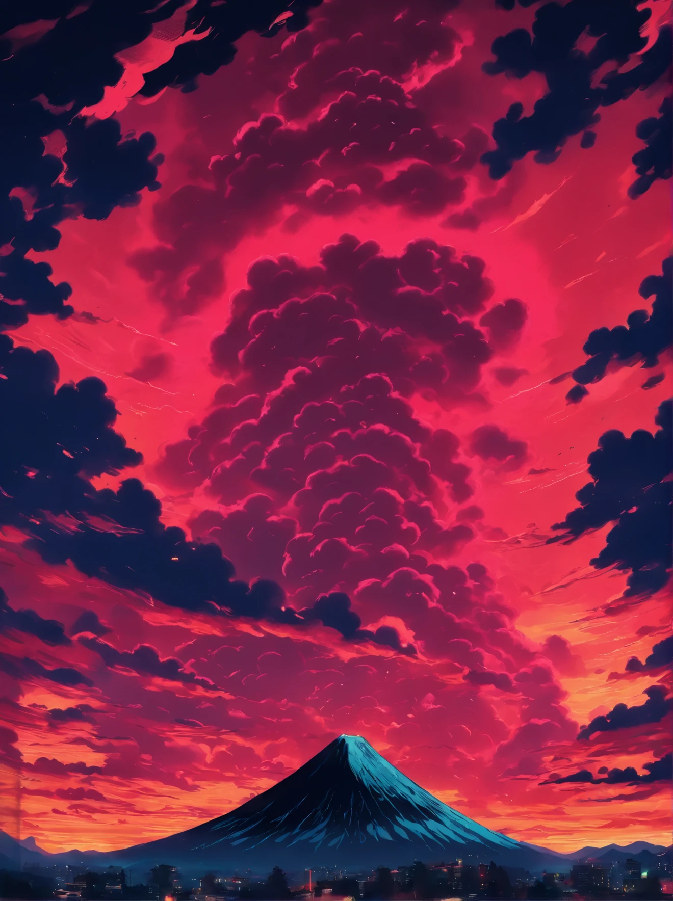 a poster of a red sky with clouds and a mountain in the background, a woodcut by Eric Dinyer, tumblr, nuclear art, charles burns, red clouds, red stormy sky, the artist is charles burns, ) ominous vibes, beautiful high contrast woodcut, brutal shapes stormy sky, victo ngai! muted colors, red skies