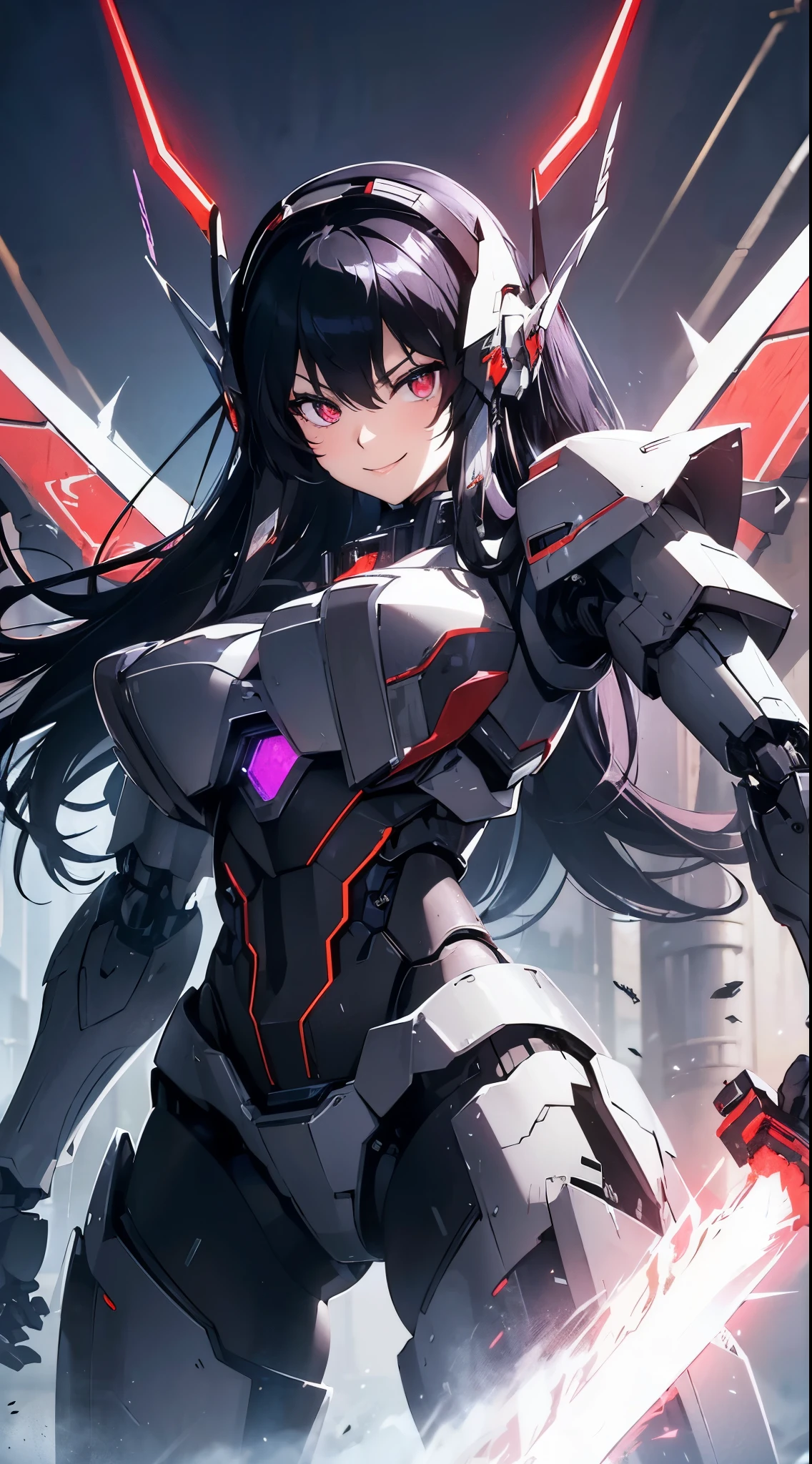 Eyes of the machine glowing red、evil smile