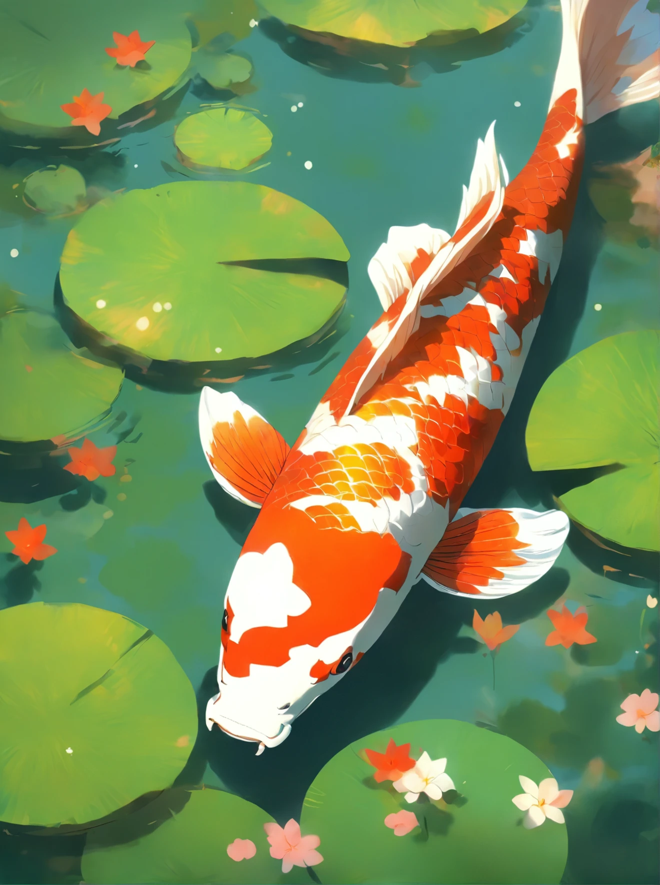 there is a fish swimming in a pond with lily pads, in a pond, peaceful and serene, by Kano Tan'yū, by Asai Chū, koi pond, by Tadashige Ono, By Gigadō Ashiyuki, tranquility, by Tadashi Nakayama, by Kaigetsudō Ando, floating koi fish