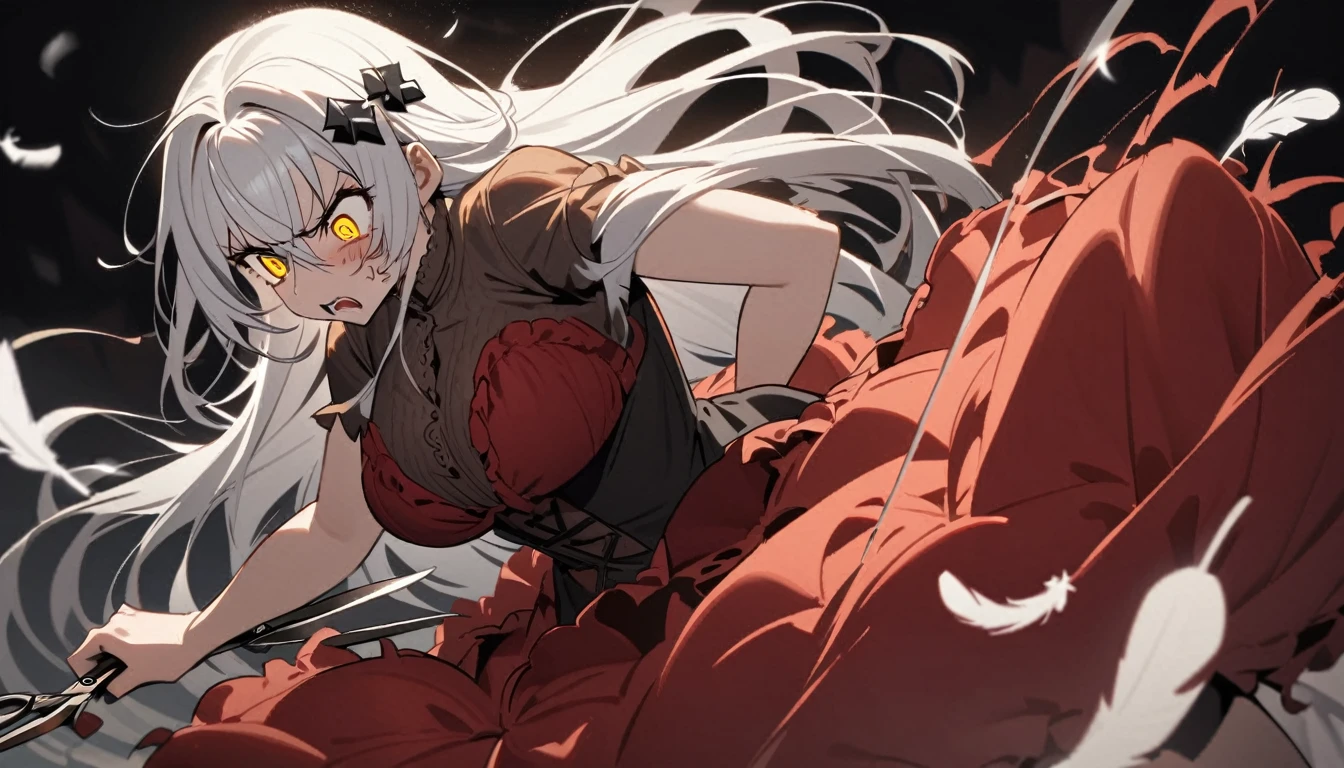 A woman, flowing white hair, melancholy eyes, yellow pupils, black diamond-shaped hairpin, A woman is cutting up a Tattered super huge red silk cushion with scissors in a dirty way. Tiny feathers are dancing, angry