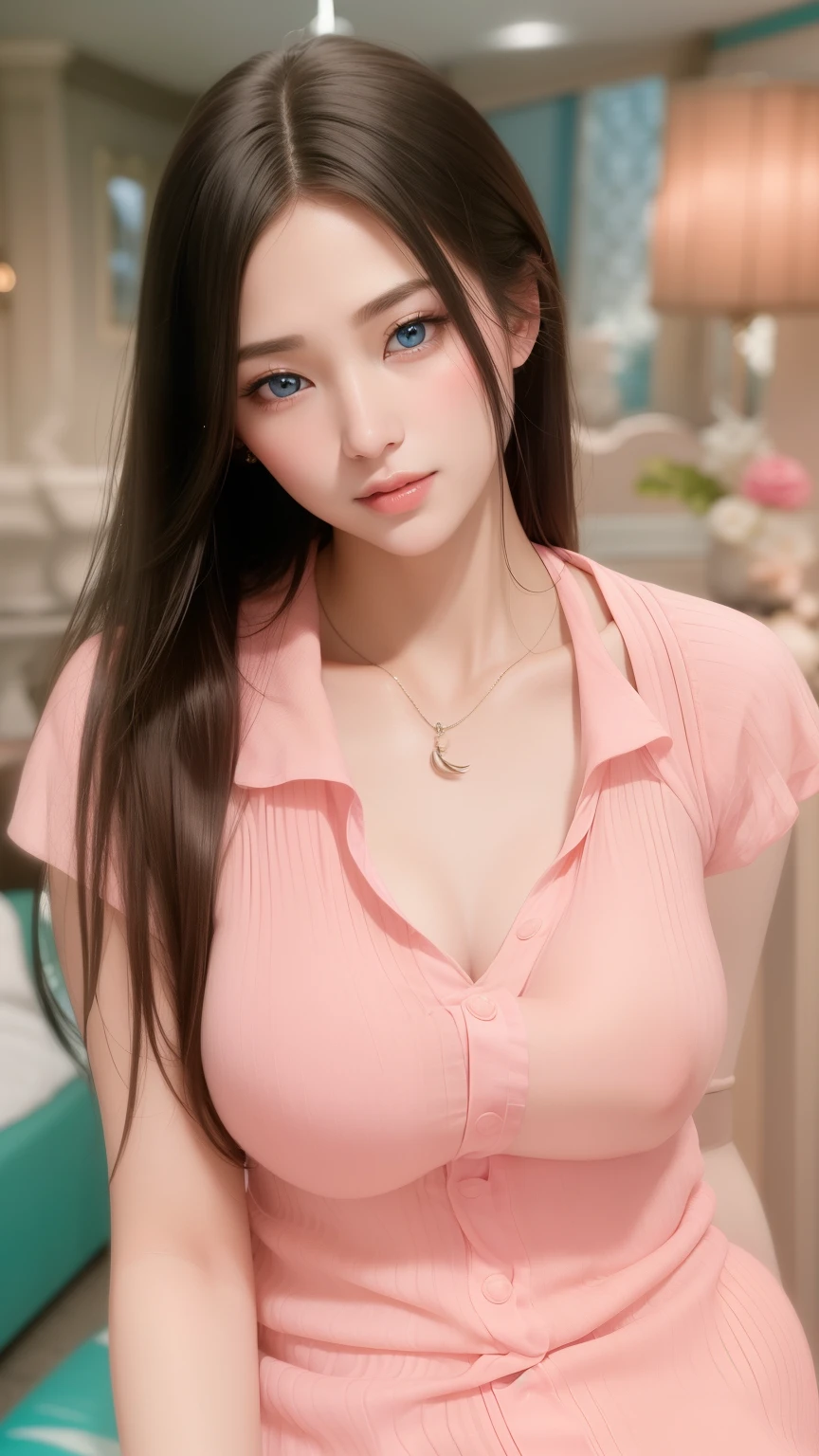 Beautiful big breastokeh), indoors, detailed luxury living room, gentle and charming beautiful goddess, Korean(kpop-idol), solo, necklace, oval face, double eyelids, smart, good hands, good feet, Natural, (from below angle), (glossy skin:1.05), ((low angle)), Perfect figure, (k, UHD, RAW photo, best quality, masterpiece:1.4), (realistic, photo-realistic:1.37), ultra high res, photon mapping, radiosity, physically-based rendering, professional soft lighting, blue eyes, red light hair color, sexy smile