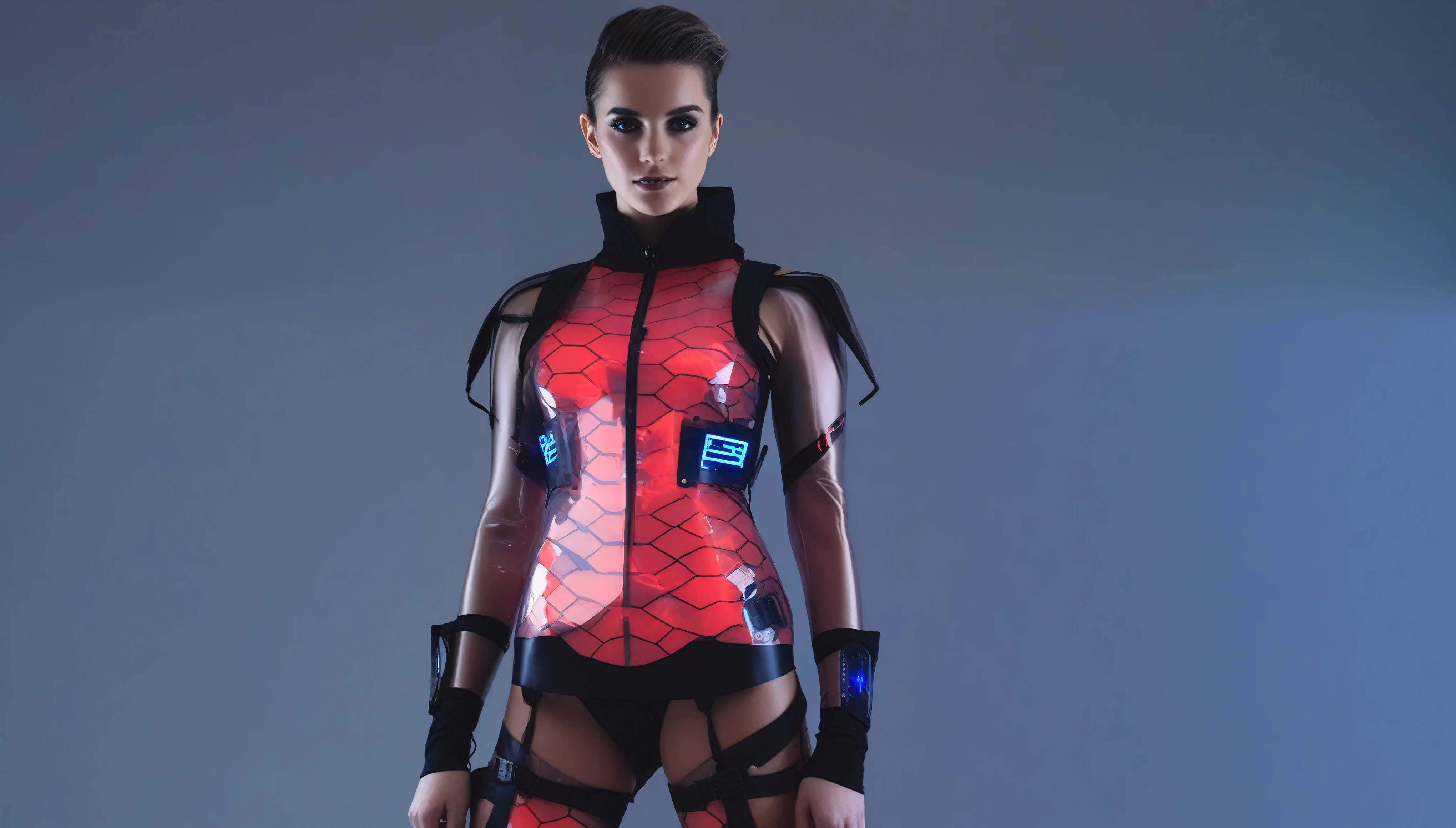 Two young female hackers in a cyberpunk metropolis facing the viewer, right arm resting on the waist, left arm held forward holding a cyberdeck with a transparent screen, short silverwhite undercut haircut, immaculate skin, thoughtful look on the face, sweat on the skin, full lips, small breasts, legs crossed, fullbody black and red translucent skintight cyberpunk underarmor with intricate hexagon pattern, synthetic utility vest with attached wearable computer, utility belt with multimeter and some probes attached, thigh high translucent latex boots, cutoff gloves, no makeup, natural fingernails, (yellow, purple, turqoise) city lights, emma watson, edgFut_clothing, neons, electric circuits