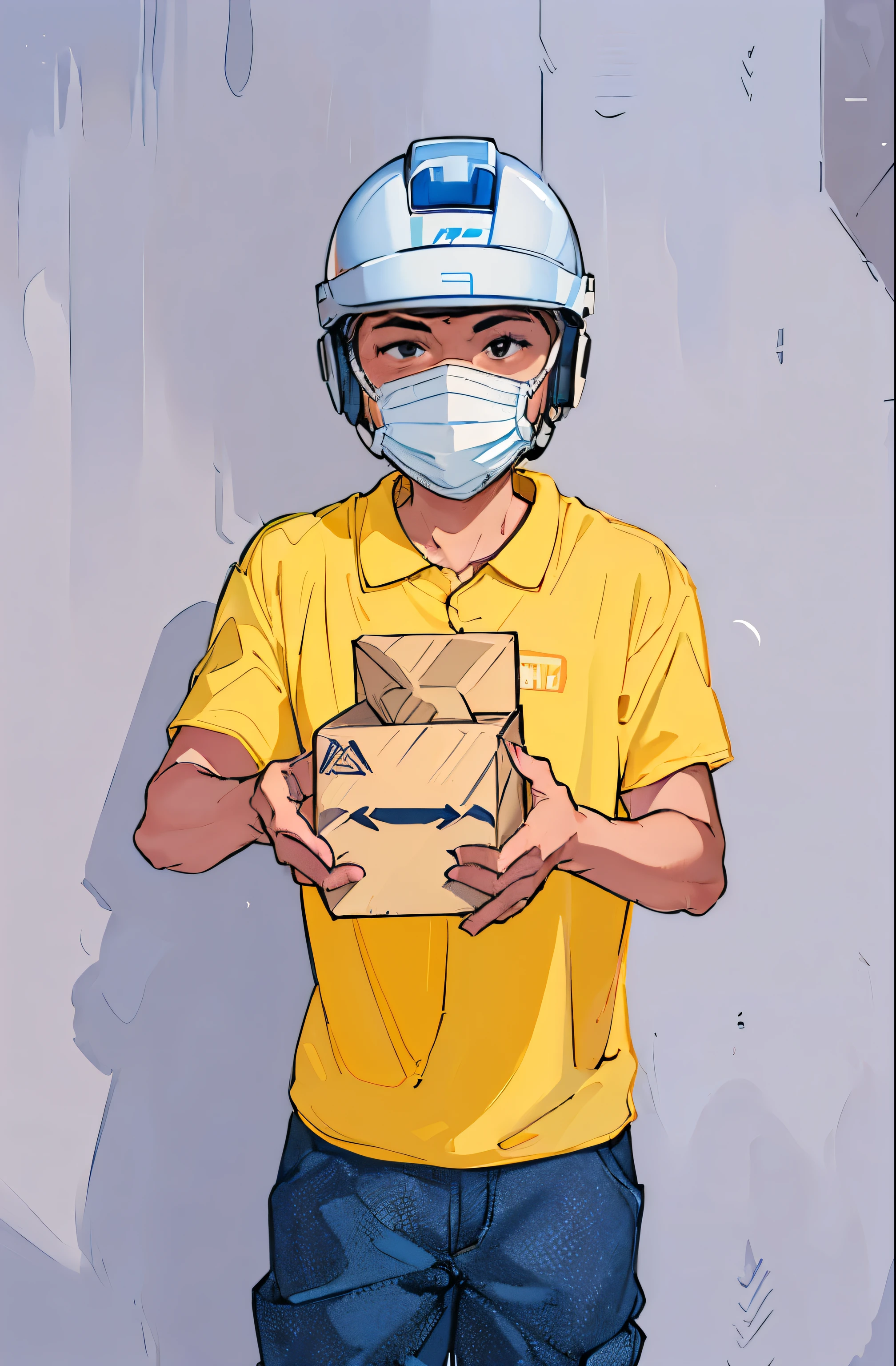 arafed man in a helmet and protective face mask holding a box, Delivery parcel box, wear mask, Wear a helmet, Wear a helmet, Deliver mail, High-quality images, help me, Delivering packages for Amazon, Security robot delivery, man, picture, Close-up photos, Surgical mask covering mouth, Close-up portrait shooting, shutter, High quality upload