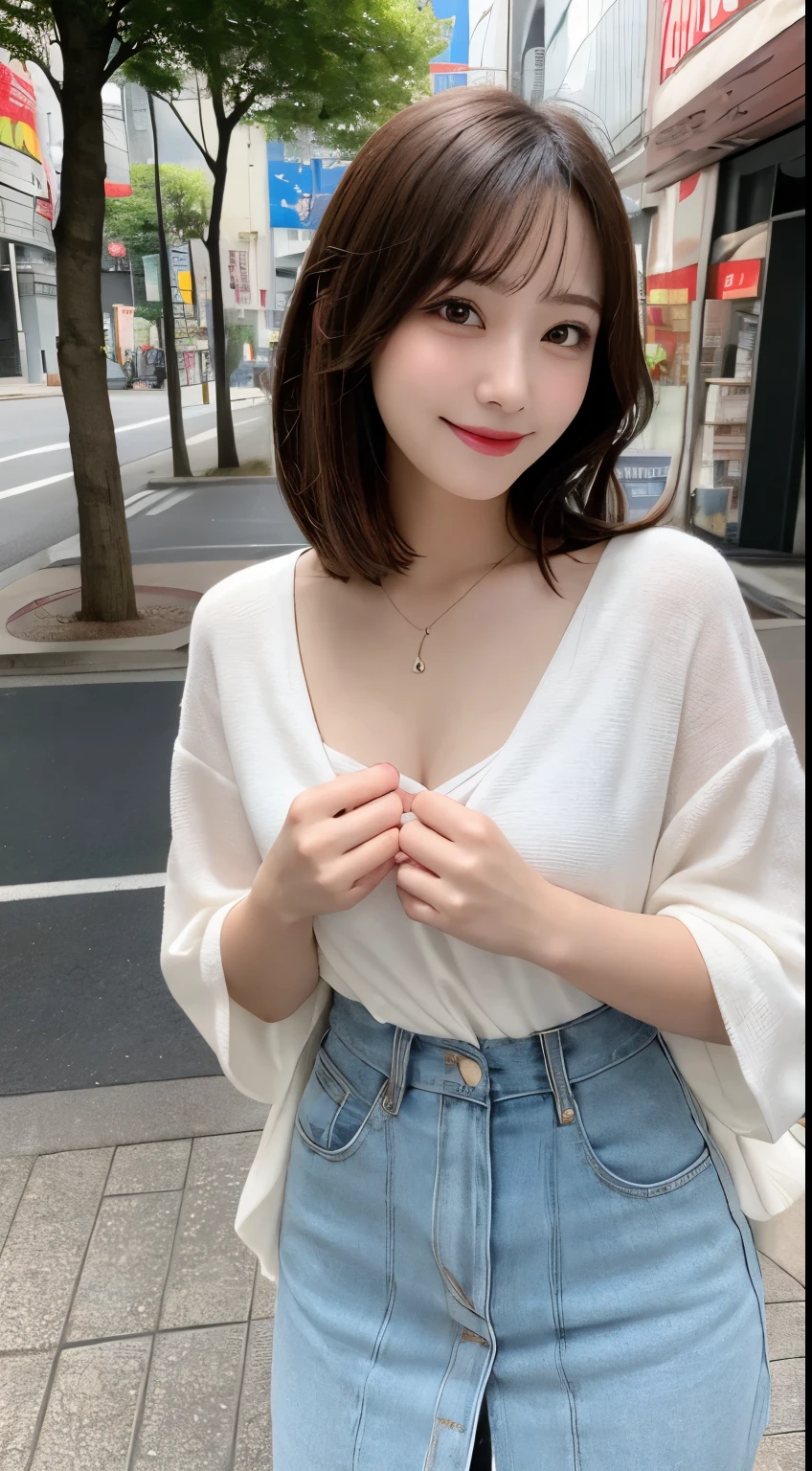 Tabletop, highest quality, figure, Very detailed, In detail, High resolution, 8k wallpaper, Perfect dynamic composition, Beautiful fine details, Summer clothes,Medium Hair, Center of chest, Natural color lip, Random sexy poses,smile,Tokyo in the daytime，cute，