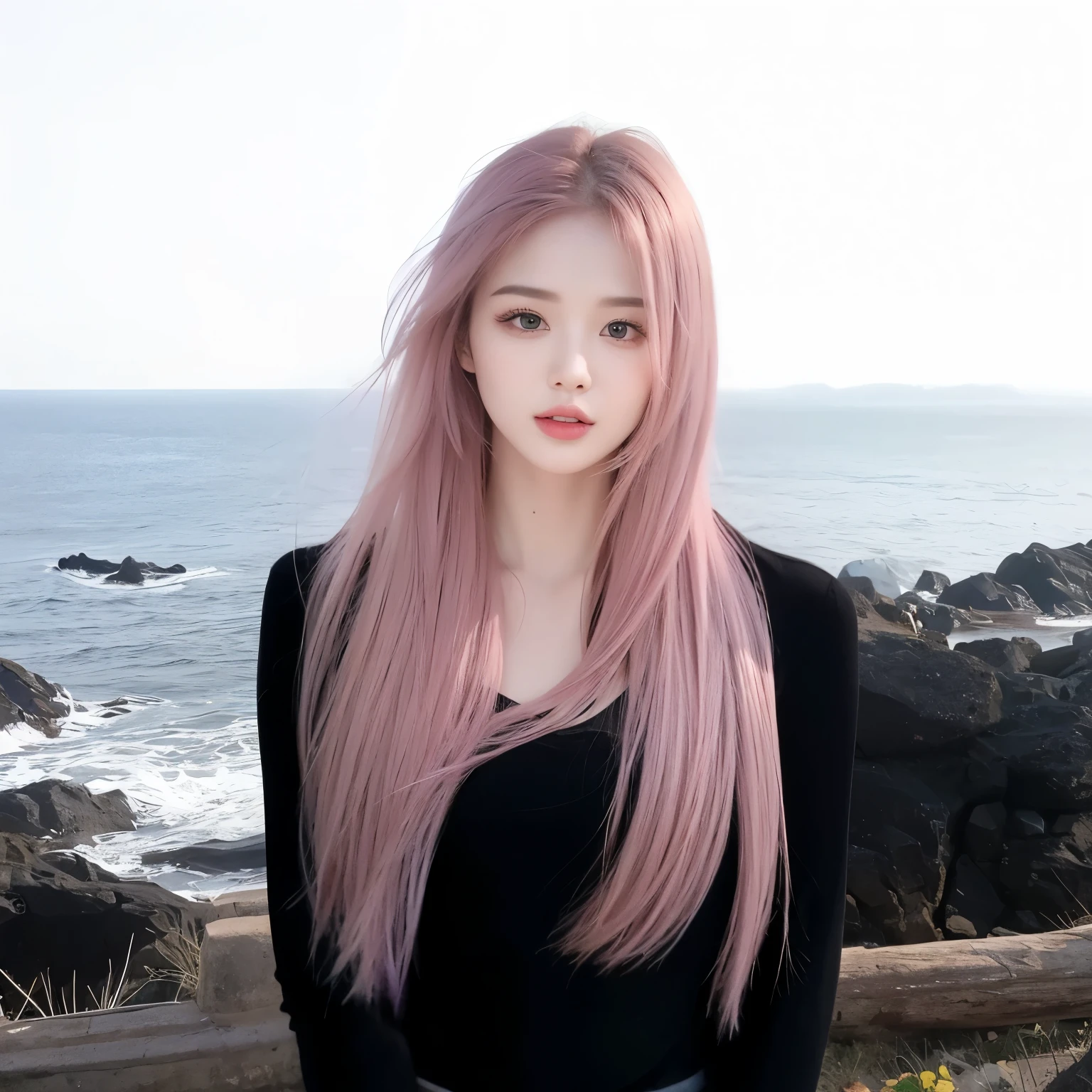 masterpiece, best quality, girl in black t-shirt,pink violet hair,Flowing long hair,Long straight hair,pretty girl,
