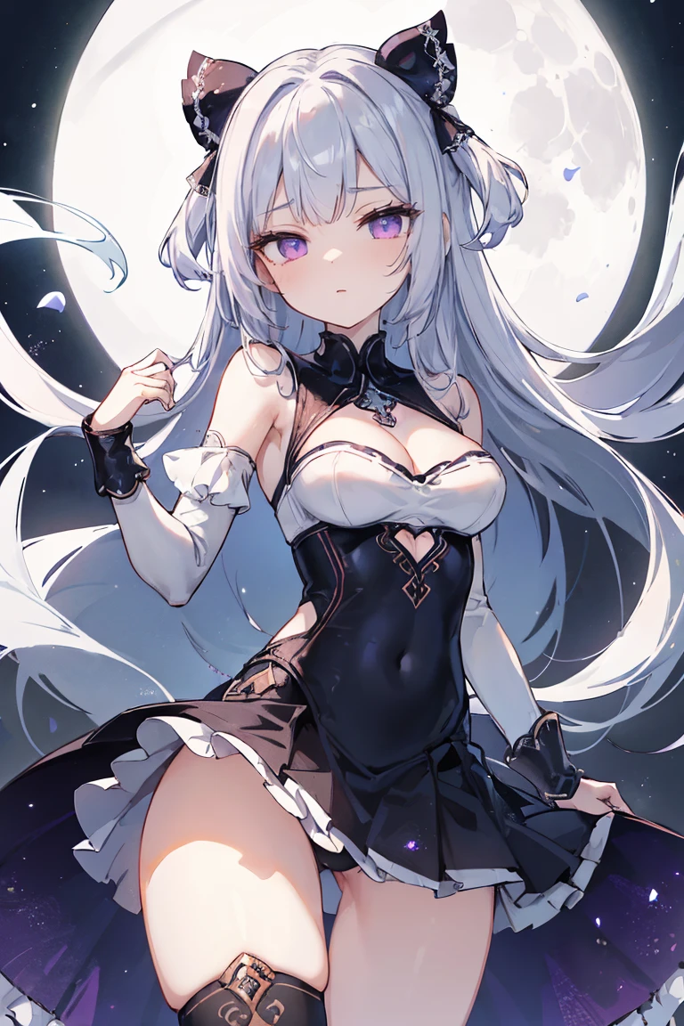 1girl, anime, cute girl, blank background, white background, fantasy, detailed fantasy dress with highlights, beautiful face, beautiful eyes, dark colors, black hair with multicolor streaks, red eye with different color pupil in eye, multicolor eye, medium breasts, slight cleavage, beautiful skin, cute, breast curtains, extremely delicate and beautiful, (beautiful detailed face:1.0), (detailed deep eyes), symmetrical breasts, deep eyes, shiny skin, portrait, slender waist, hips wider than shoulders, thighs, expressionless, young girl, luminous eyes, adorable，（Kpop idol）,（aegyo sal：1），（Platinum blonde hair：1），（（puffy eye）），Black panty，sexy posture，Superskirt, Ultra-high resolution，Black collar，slim figure, Abdominal y tattoo, womb tattoo，Tight-fitting leg ring，y tattoo on half-body，Bare skin, Armored hand，Hidden fingertips，Hand covered，Arm covered，Fist covered,{{beautiful detailed fingers}}, tufts of hair, moderate beautiful breast:1.0,(masterpiece:1.2), best quality, high-res, HDR, perfect face, intricate armor, delicate blue filigree, intricate filigree, red metalic parts, detailed part, dynamic pose, dynamic lights, cute face, neutral expression, shuimobysim, lotus, hanfu, maxi skirt, dress conservatively 1girl, solo, long blue hair, standing, One lady,14years,((White hair) ,((Normal breasts)), (Shiny purple bodysuit with microskirt),((Fantasy, Moon Night))