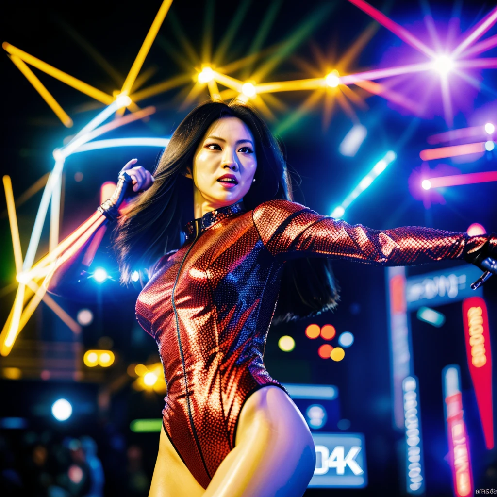 (best quality,4k,8k,highres,masterpiece:1.2),ultra-detailed,(realistic,photorealistic,photo-realistic:1.37),Japanese Idol woman,Spider Woman,cosplay,action packed,super heroine adventure,stage,panty flashes,butt flashes,portraits,vivid colors,studio lighting,physically-based rendering,ultra-fine painting,sharp focus,cute,energetic body language,expressive face,silk costume,sparkling eyes,long flowing hair,dynamic poses,enthusiastic crowd,high-tech stage effects,colorful lighting,motion blur,excitement