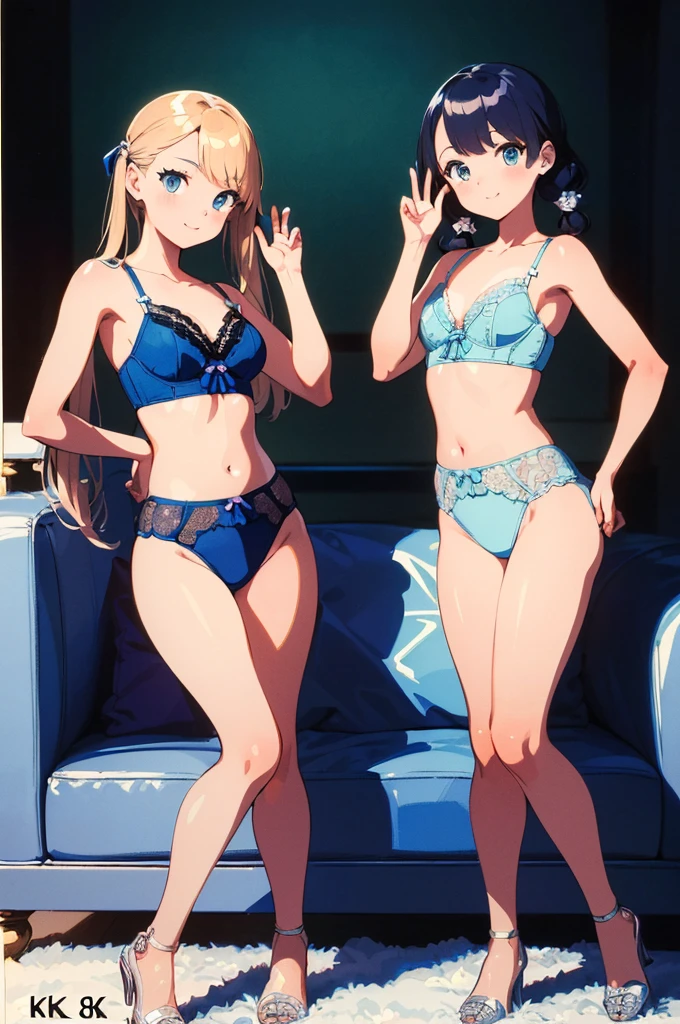 Two , (masterpiece:1.8),(highest quality:1.8),(Very detailed:1.8),(8k:1.8),(Ultra-fine Illustration:1.5),,,Straight low twintail,Flat Chest,Small Ass,(Luxury metallic blue,,lingerie:1.4),(Piece Pose:1.5),Vintage sofa,,(Full body angle),, Rainbow Gradient,