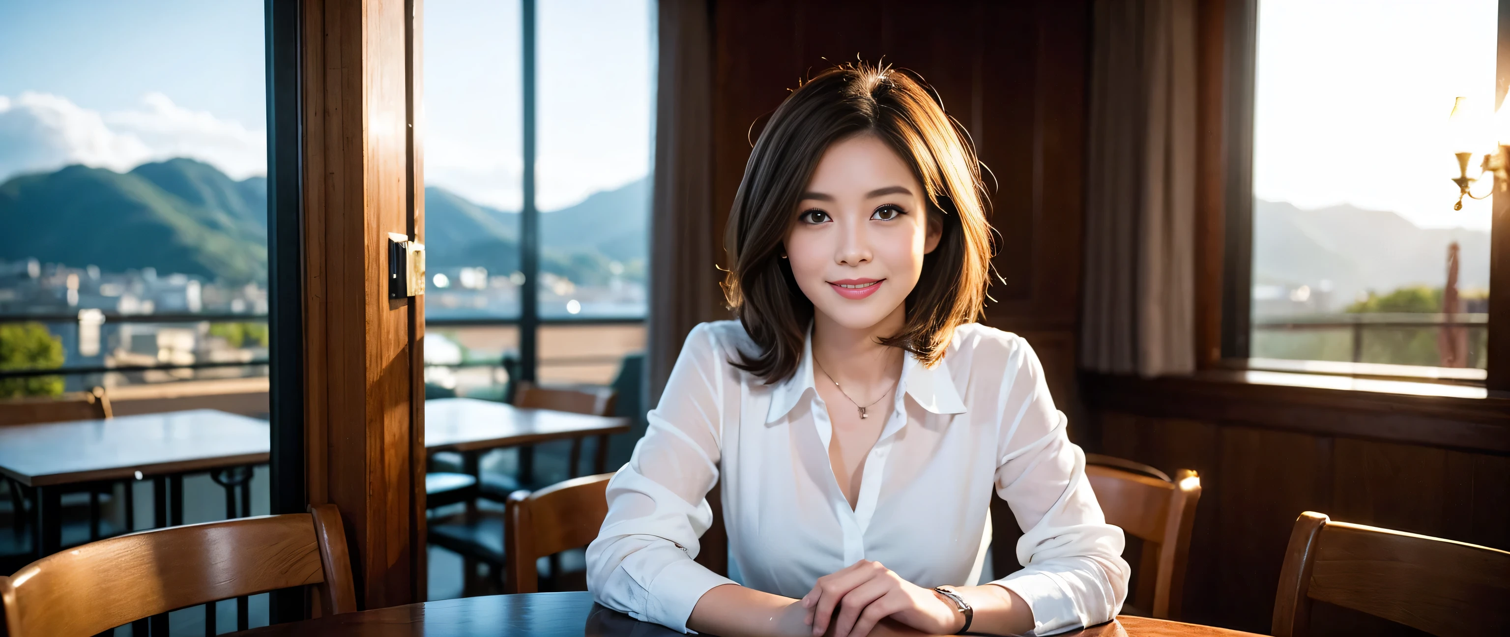 ((highest quality、8k、masterpiece:1.3))、Sharp focus:1.2、Beautiful woman perfect body:1.4、Slim body、((Bob Hale、Straight hair:1.2))、(to be born, highest quality, masterpiece:1.5), (Realistic, Intricate details:1.2), Ultra-high resolution, Put the light on your face、Amazing view of the sunset sky and clouds、Amazing mountain views、A bright smile、wine glass、red wine 、Appetizers、Italian food、Wine bottle、Champagne、sparkling wine、, Beautiful Face, blue eyes, The light shines on your face, Blushing, short hair,Bright Face、Fox face、 (36 years old), 39 years old, Lady、Two beauties、Brown Hair、Shortcuts、Long sleeve shirt、dress、Pretty Woman 1, (Slim face), (The body is slim), (Brown Hair), (Shortcuts), cheeks turn a little red,Attractive beauty、, Out of the window, A beautiful and detailed night view unfolds.........., restaurant, In a prominent place (From the waist up) Nova Frog Style, actress, model, Upper Body, White wine, slim, wine glass, A wine glass placed in the middle, smile, (smile: 1.15), Beautiful fine grain, Depth f/2,saturation, High Contrast, Strong light and shadow,Moist Body:1.5、3D texture、Delicate eyes、Brown Hair、The hair is very shiny、