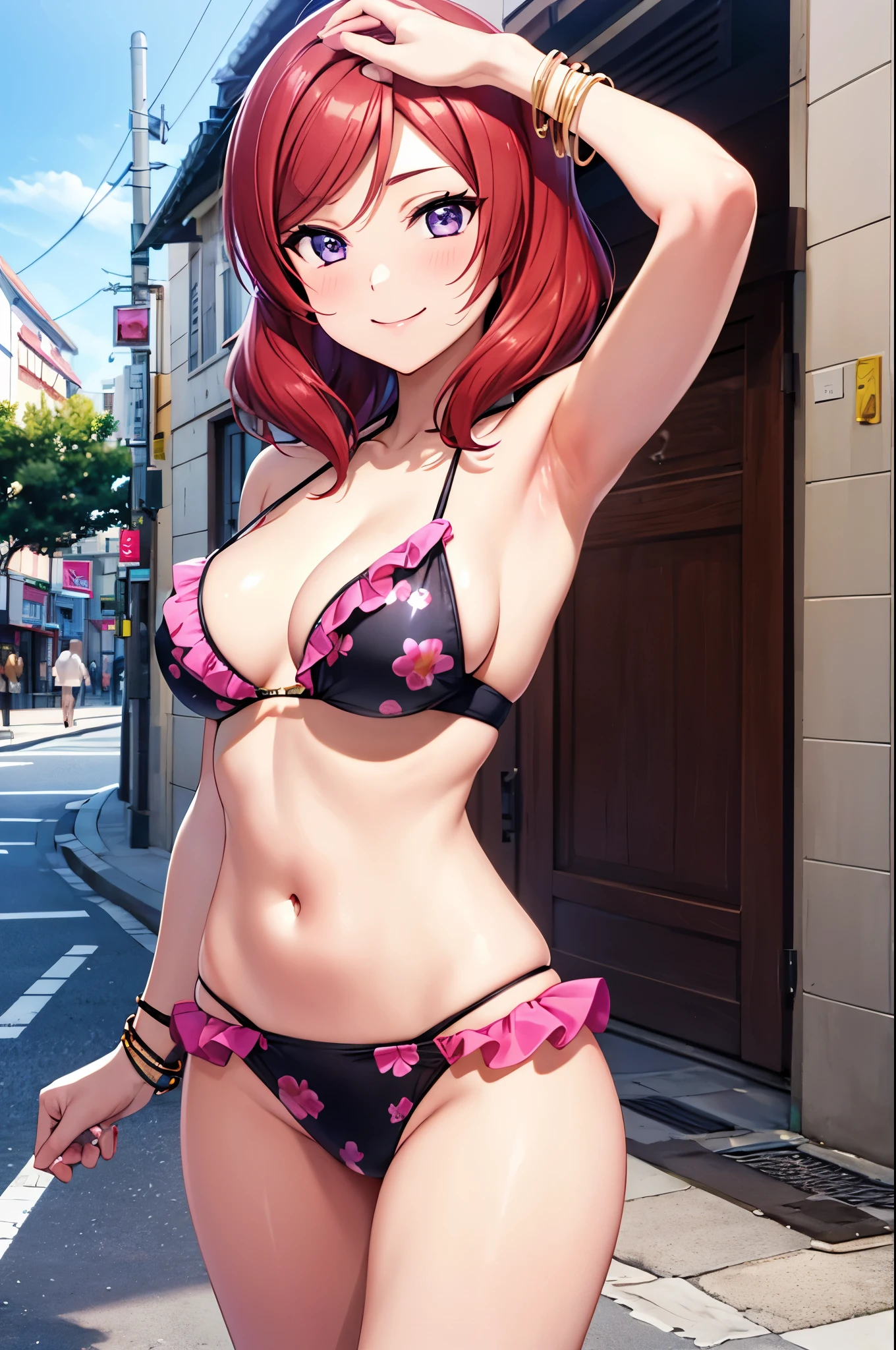 Solo,Nishikino maki, purple eyes, pink frilled bikini, halter neck,tomaro printed,moist skin, standing  , cowboy shot , bracelet, in street , sexy armpits , smile 