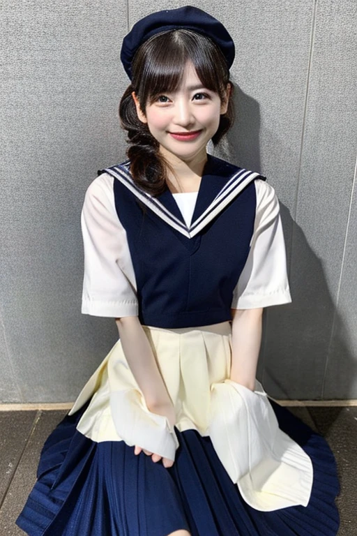 best quality, masterpiece, (photorealistic:1.4), 1girl, smiling eyes, (ulzzang-6500-v1.1:1.0), black Eyes, Beautiful Woman, Actress, 40 years old, witch, Japanese, sailor uniform, cosplay, micro-mini skirt, full body, JK