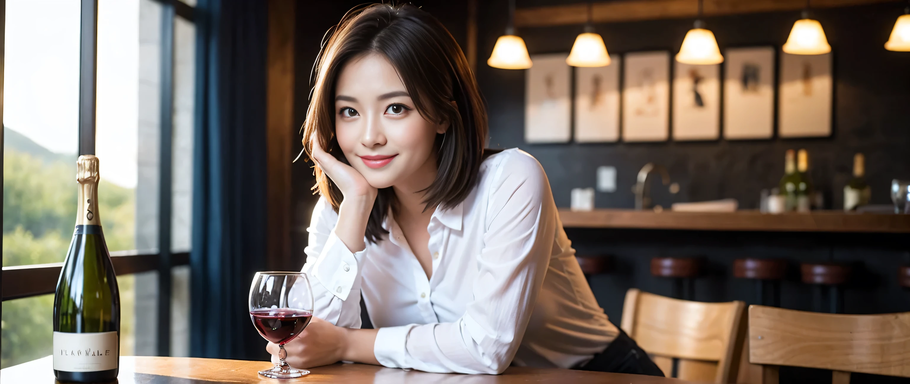 ((highest quality、8k、masterpiece:1.3))、Sharp focus:1.2、Beautiful woman perfect body:1.4、Slim body、((Bob Hale、Straight hair:1.2))、(to be born, highest quality, masterpiece:1.5), (Realistic, Intricate details:1.2), Ultra-high resolution, Put the light on your face、Amazing view of the sunset sky and clouds、Amazing mountain views、A bright smile、wine glass、red wine 、Appetizers、Italian food、Wine bottle、Champagne、sparkling wine、, Beautiful Face, blue eyes, The light shines on your face, Blushing, short hair,Bright Face、Fox face、 (36 years old), 39 years old, Lady、Two beauties、Brown Hair、Shortcuts、Long sleeve shirt、dress、Pretty Woman 1, (Slim face), (The body is slim), (Brown Hair), (Shortcuts), cheeks turn a little red,Attractive beauty、, Out of the window, A beautiful and detailed night view unfolds.........., restaurant, In a prominent place (From the waist up) Nova Frog Style, actress, model, Upper Body, White wine, slim, wine glass, A wine glass placed in the middle, smile, (smile: 1.15), Beautiful fine grain, Depth f/2,saturation, High Contrast, Strong light and shadow,Moist Body:1.5、3D texture、Delicate eyes、Brown Hair、The hair is very shiny、