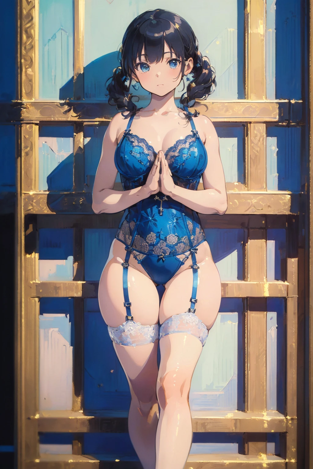 (masterpiece:1.8),(highest quality:1.8),(Very detailed:1.8),(8k:1.8),(Ultra-fine Illustration:1.5),,,Straight low twintail,Flat Chest,Small Ass,(Luxury metallic blue,lingerie:1.4),(Prayer Pose:1.5),Vintage sofa,,(Full body angle),, Rainbow Gradient,