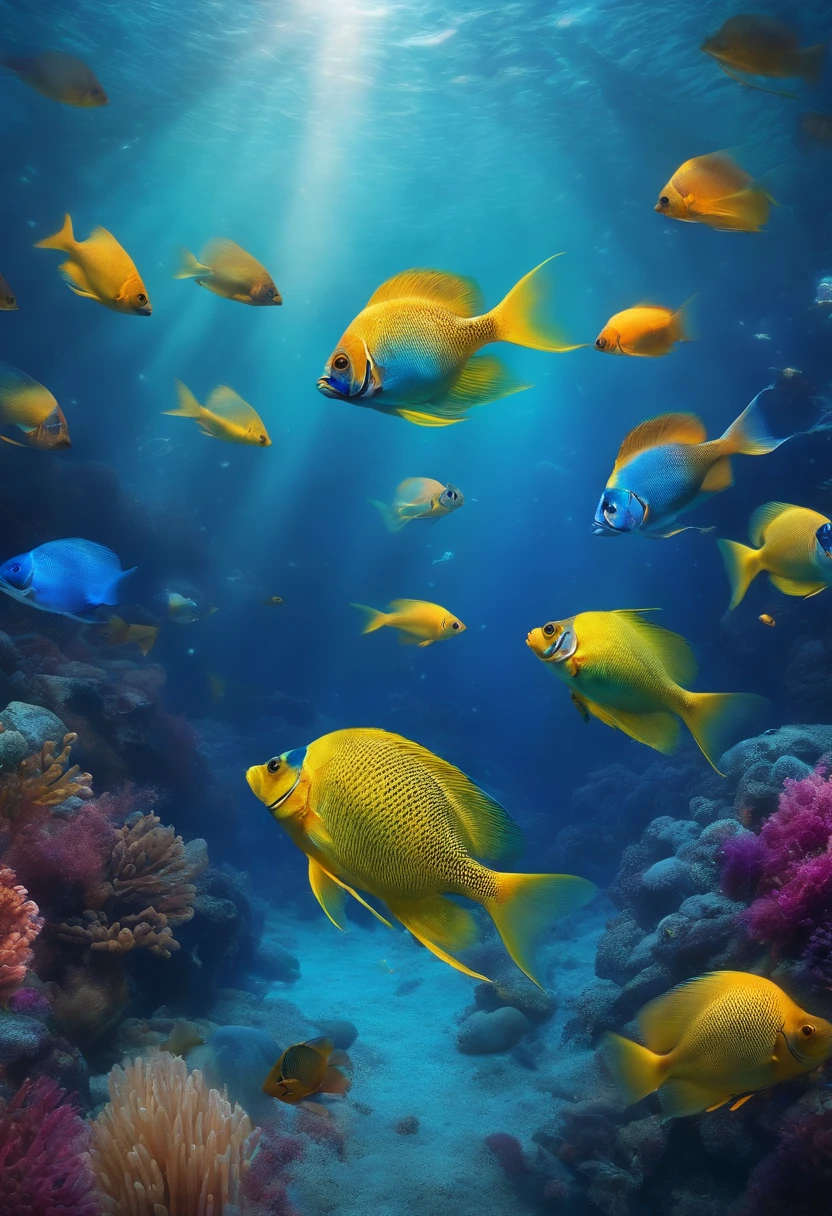 Spinning schools of fish,Deep blue sea, dream-like, Very bright colors, Light particles, with light glowing, diver, wallpaper art