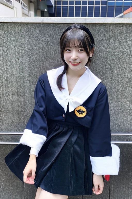 best quality, masterpiece, (photorealistic:1.4), 1girl, smiling eyes, (ulzzang-6500-v1.1:1.0), black Eyes, Beautiful Woman, Actress, 40 years old, witch, Japanese, sailor uniform, cosplay, micro-mini skirt, full body, JK